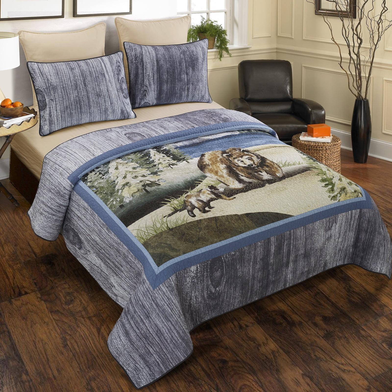 Gray Cotton Full Quilt Set with Bear Design