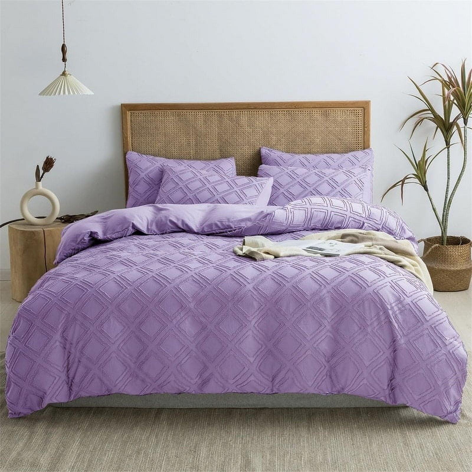 Full Size - 3 PCS Microfiber Tufted Duvet Cover Set Light Purple