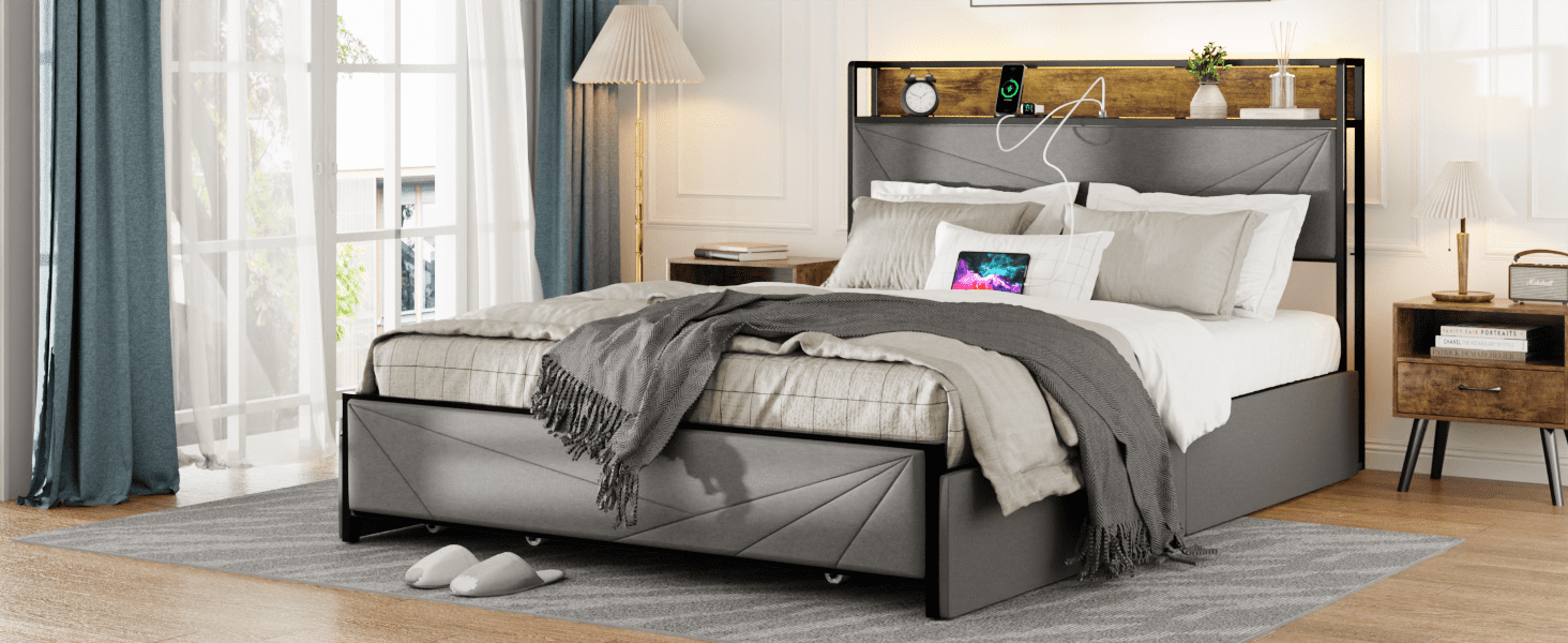 Full Size Bed Frame With 4 Storage Drawers And 2 USB Ports, Upholstered Platform Bed Frame With Storage Headboard Charging Station And Metal Slat Support, No Box Spring Needed, Dark Grey