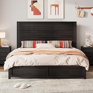 Marro Bed Frame with 49" Tall & Full-Panel Headboard, Farmhouse Platform Bed with Wood Slats & Metal Bed Frame, No Box Spring Needed/Noise Free