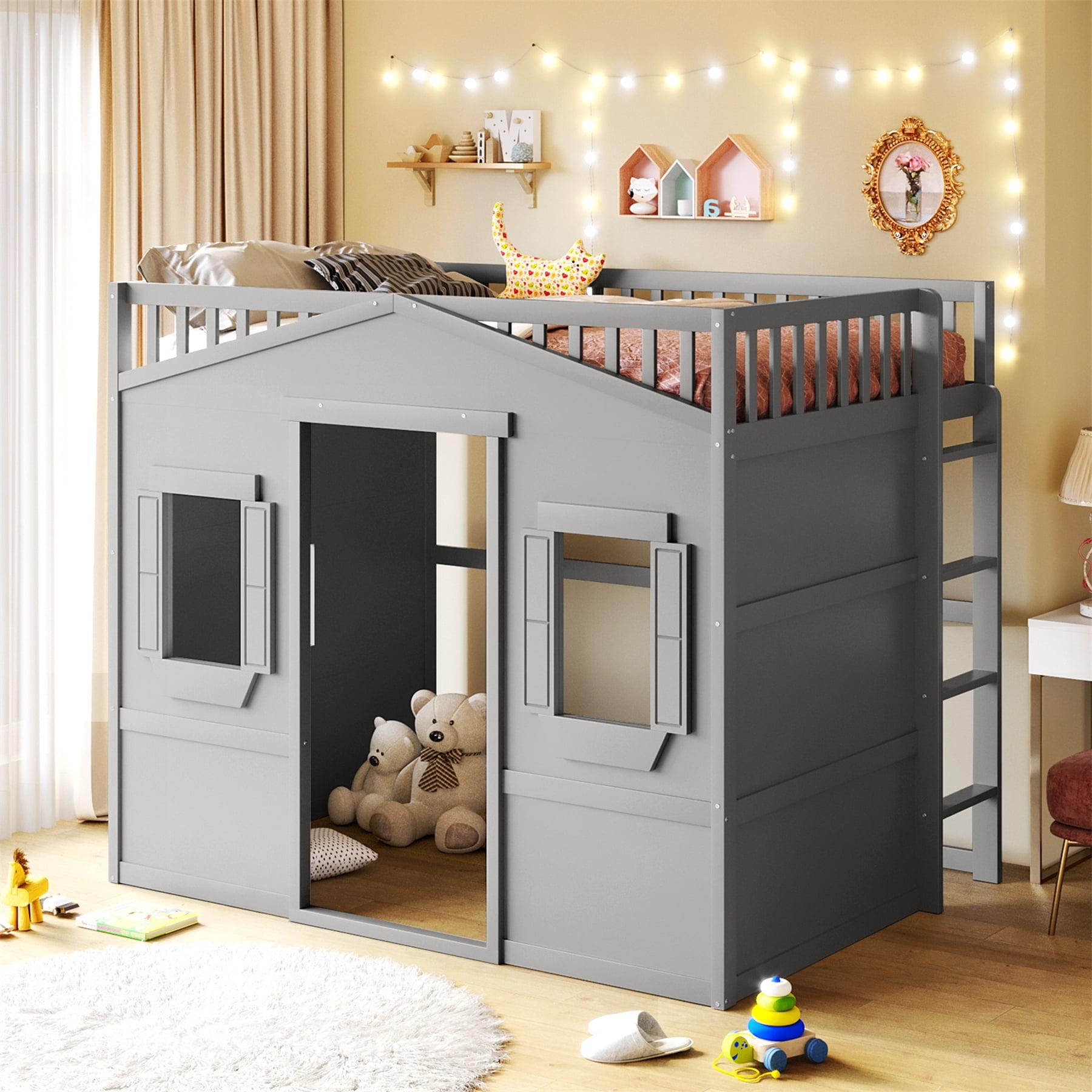 Full Size House Loft Bed Frame, Wooden House Shaped Bed Frame with Ladder, Windows and Safety Guardrails, Playhouse Loft Bed Frame for Bedroom Guest Room Dorm Apartment, Gray