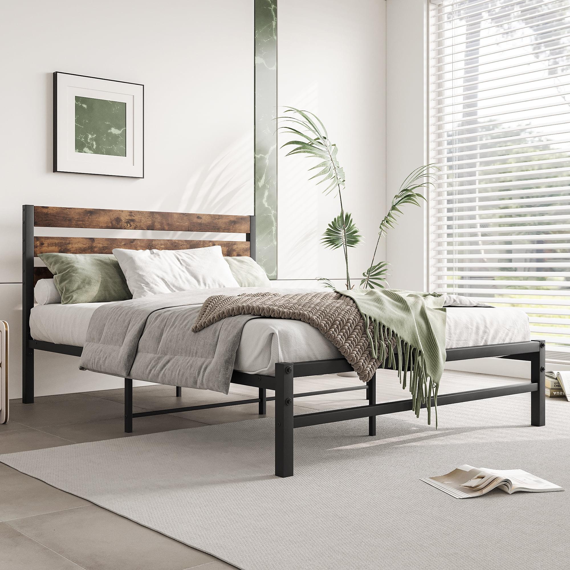 Full Size Platform Bed Frame with Rustic Vintage Wood Headboard,  No Box Spring Needed Rustic Brown
