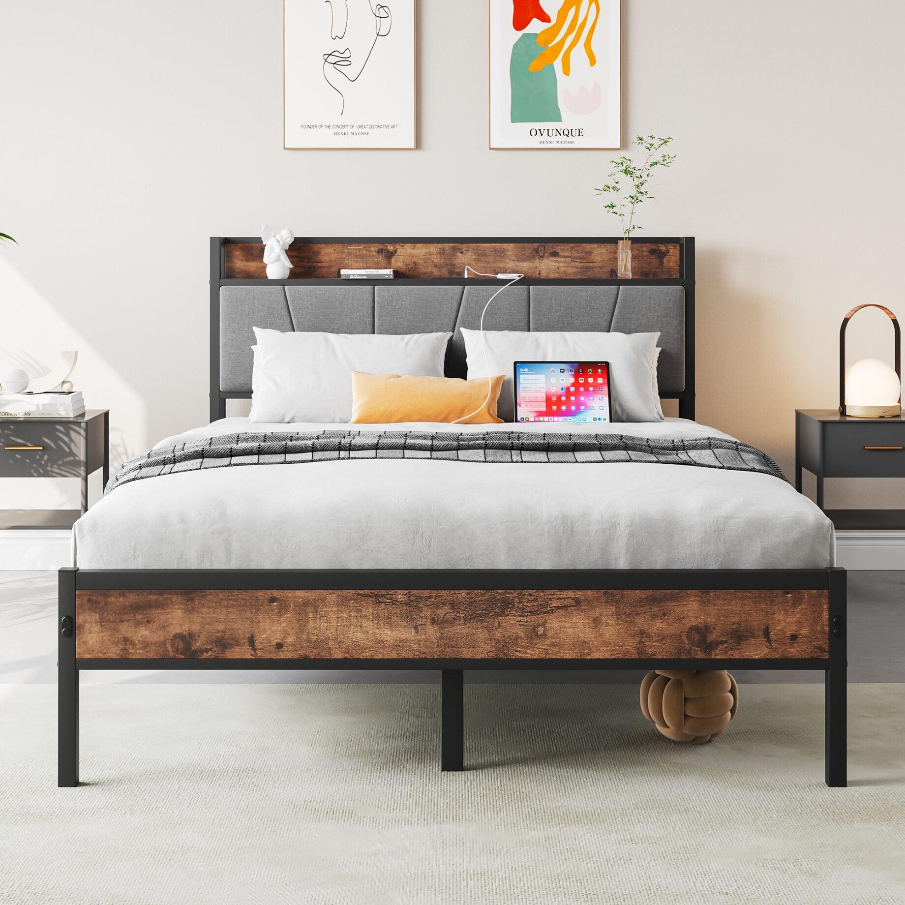 LegaHome Full Bed Frame, Metal Platform Bed with Storage Headboard and Charging Station, Strong Slat Support, Full Size Bed Frame for Kids Teens Adults, No Box Spring Needed, Black