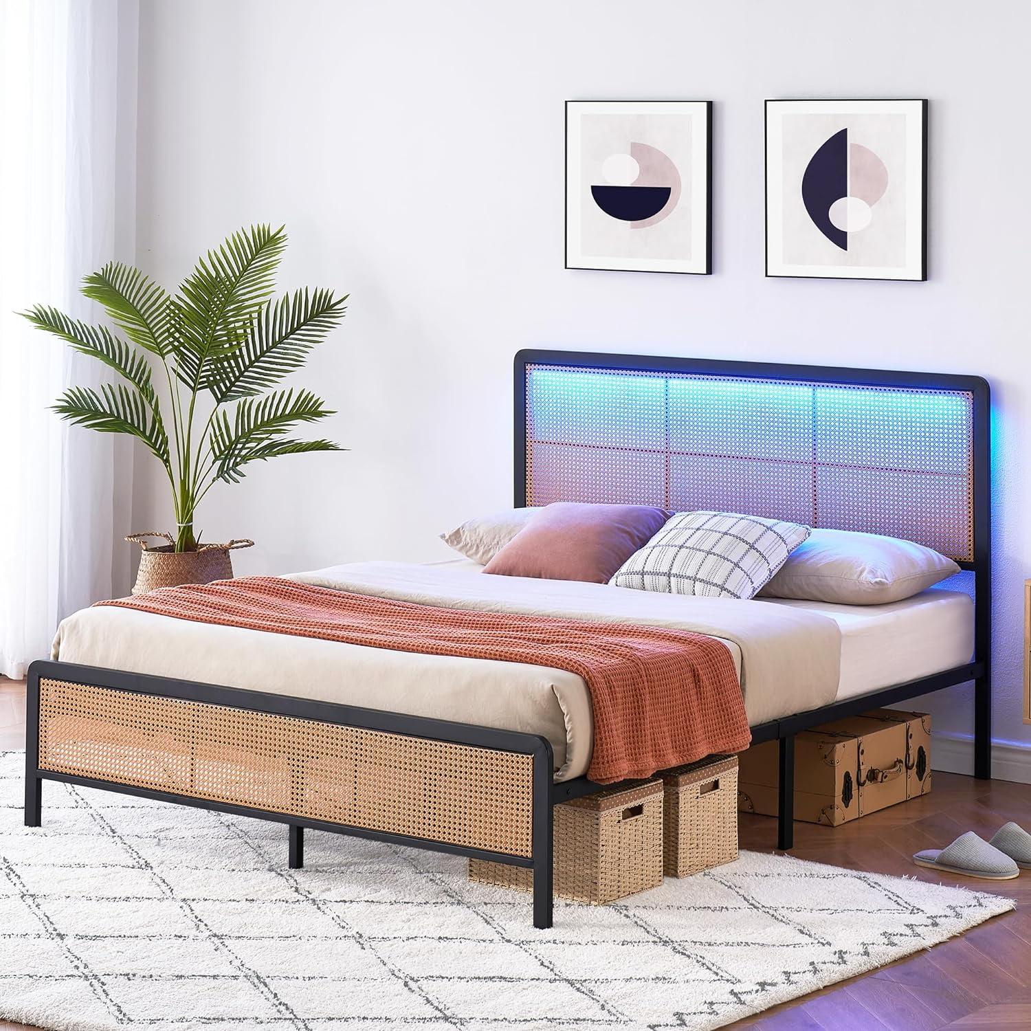 Garvee Rattan Platform Bed Frame Full Size with Headboard Led Light, Modern Style Cane Boho Bed Frames with Steel Slat Support, Black