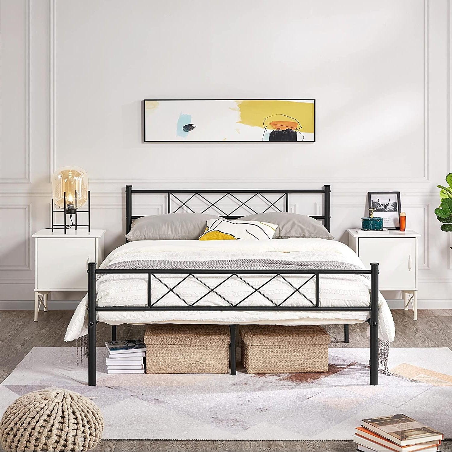 Full Size Black Metal Platform Bed with Slatted Base and Headboard