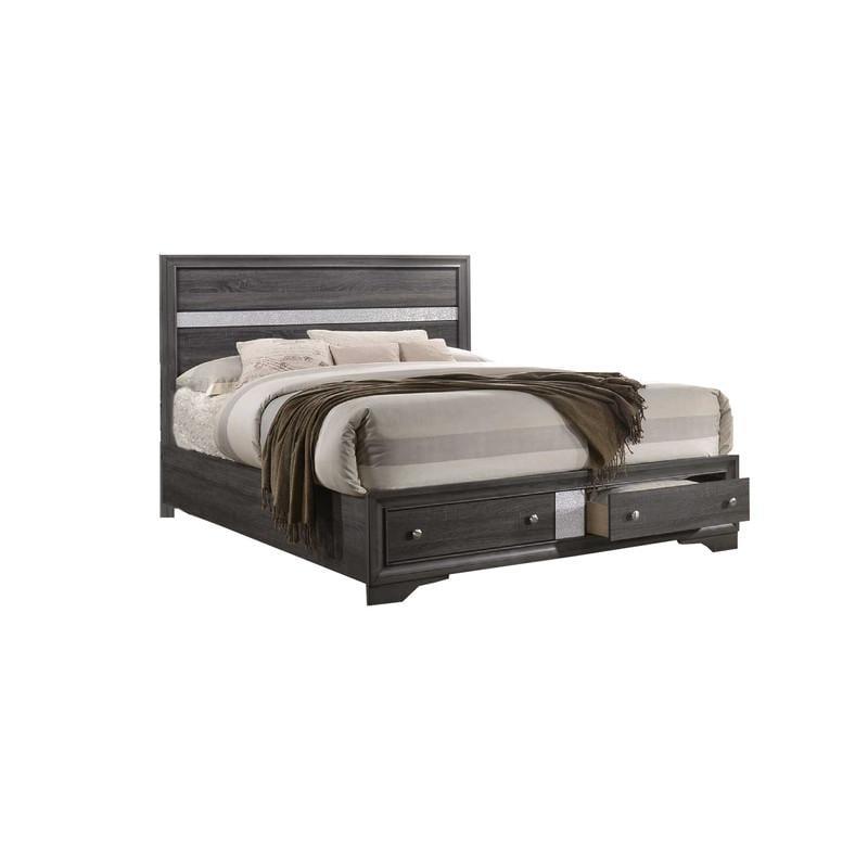 Full Sized Gray and Silver Wood Bedframe with 2 Drawer Storage