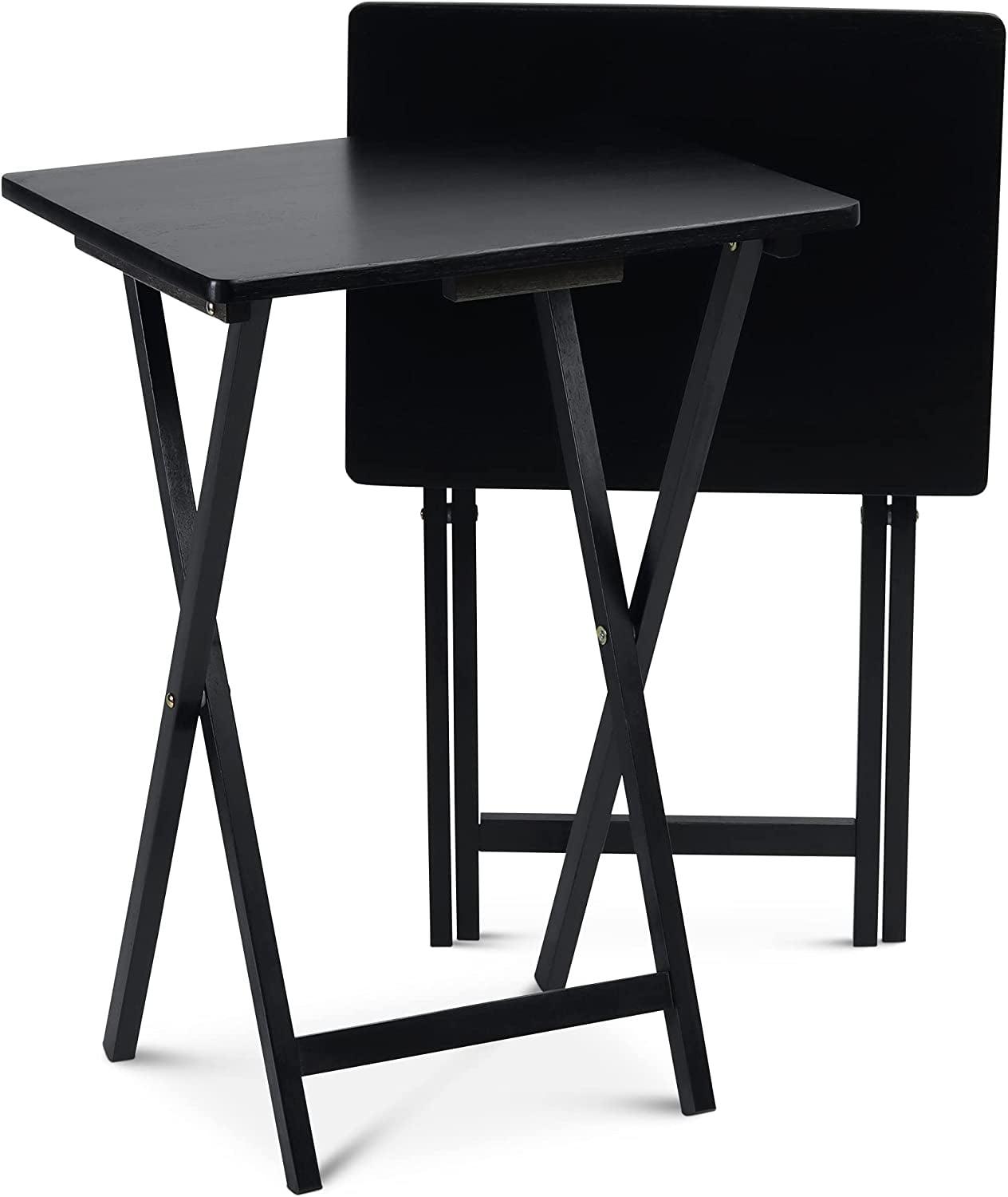 Black Solid Wood Folding TV Tray Tables Set with Storage Rack