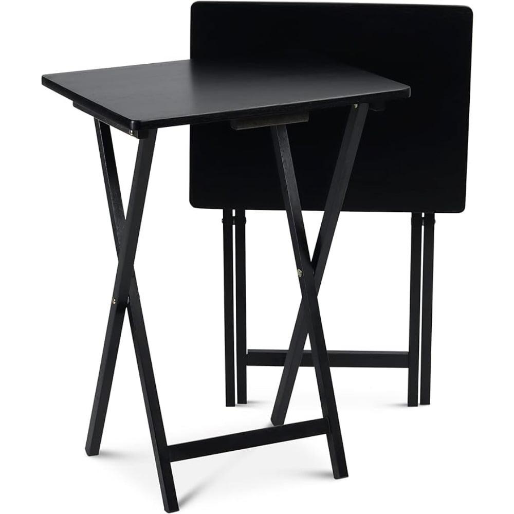 Black Solid Wood Folding TV Tray Tables Set with Storage Rack