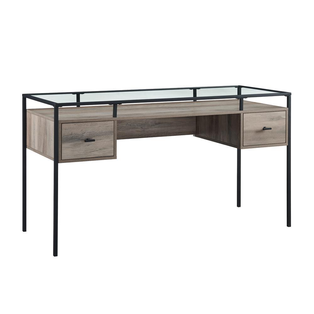 Fulton 56" 2-Drawer Lifted Tempered Glass Top Desk in Gray Wash