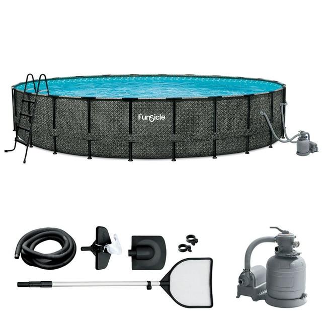 Funsicle 24 Feet by 52 Inches Oasis Designer Round Frame Above Ground Swimming Pool with SkimmerPlus Filter Pump and Cover, Dark Herringbone Pattern