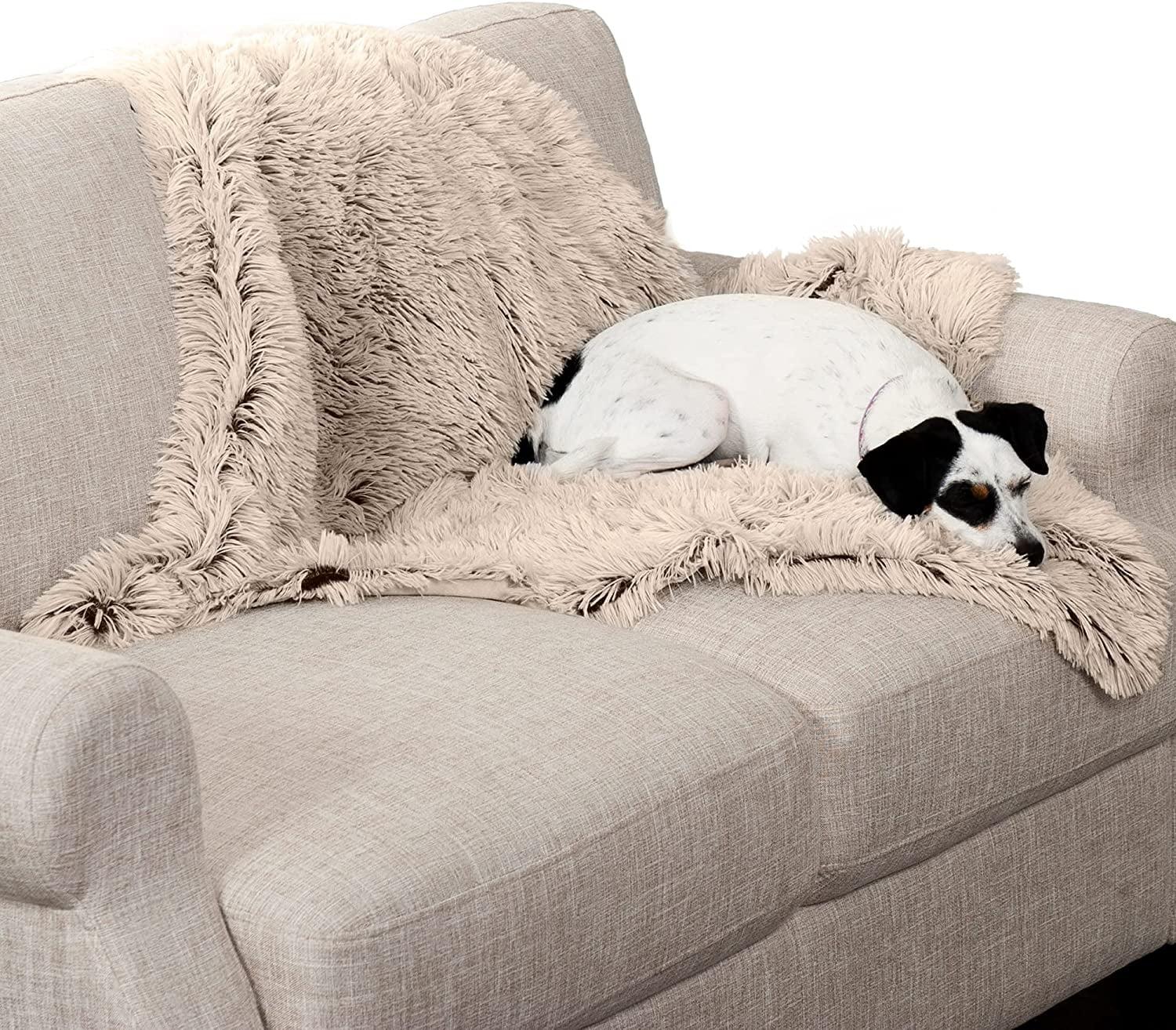 FurHaven Pet Products Long Faux Fur & Velvet Water-Repellent Pet Blanket for Dogs & Cats - Taupe, Medium