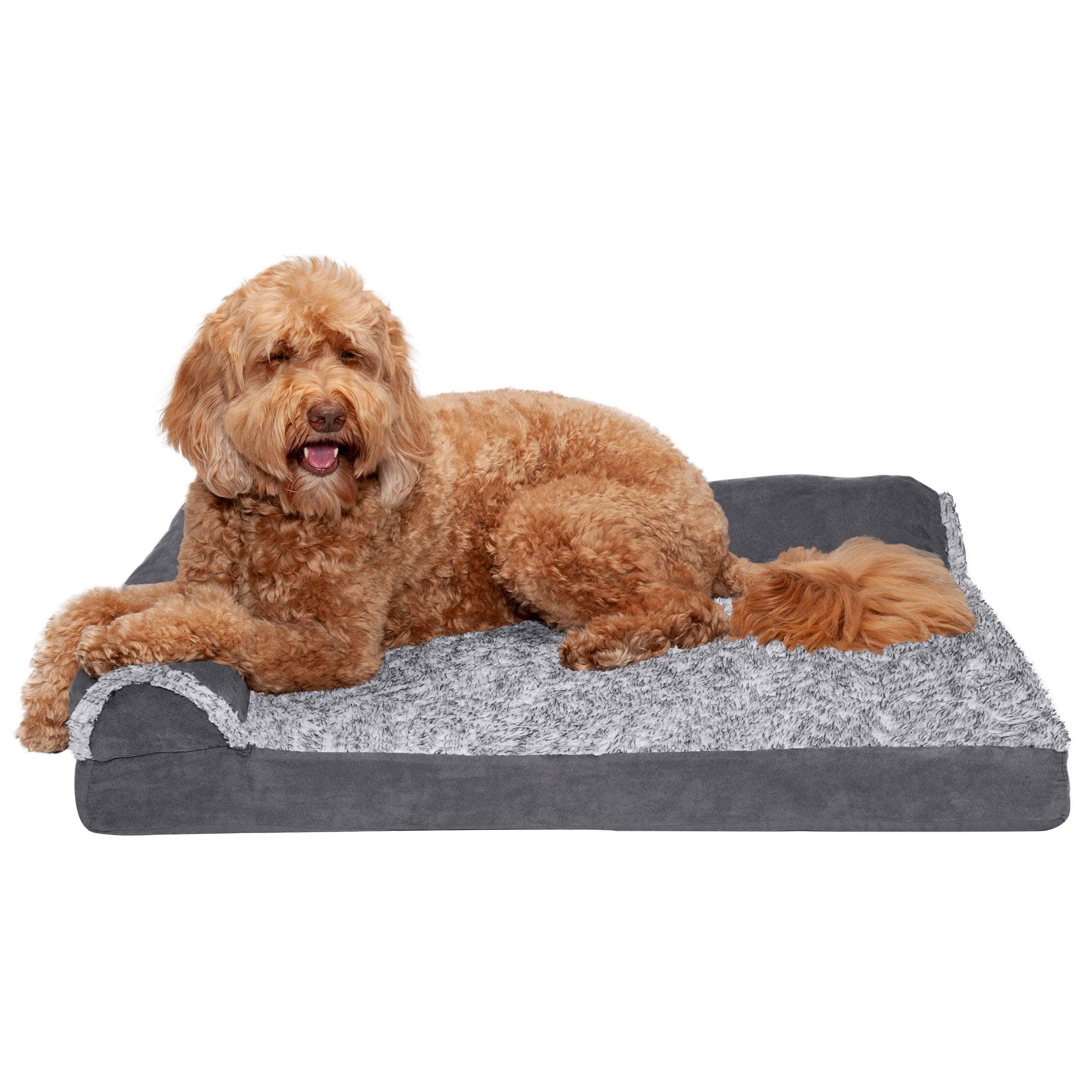 FurHaven Two-Tone Faux Fur & Suede Deluxe Chaise Lounge Orthopedic Sofa Dog Bed - Large, Stone Gray