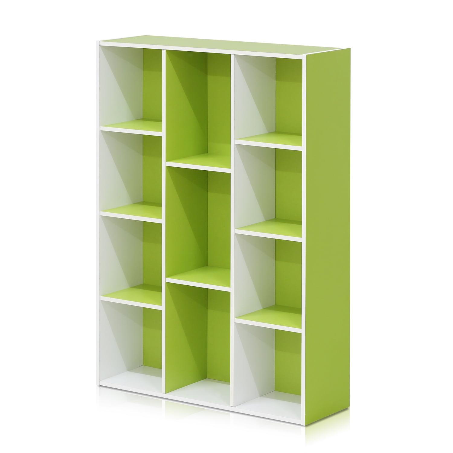 Contemporary White & Light Green Wood 11-Cube Kids Storage Shelf