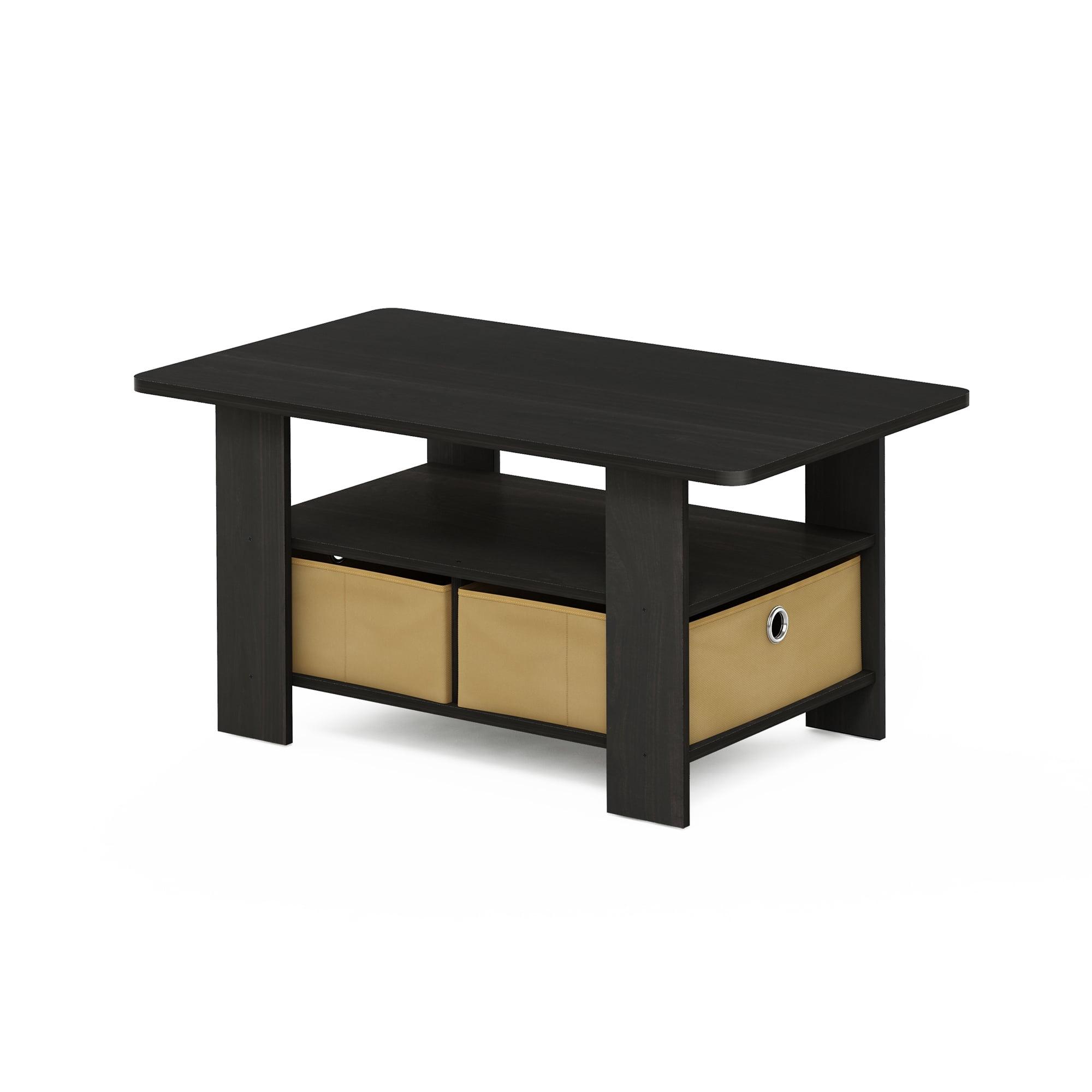 French Oak Gray and Black Wood Coffee Table with Storage Bins