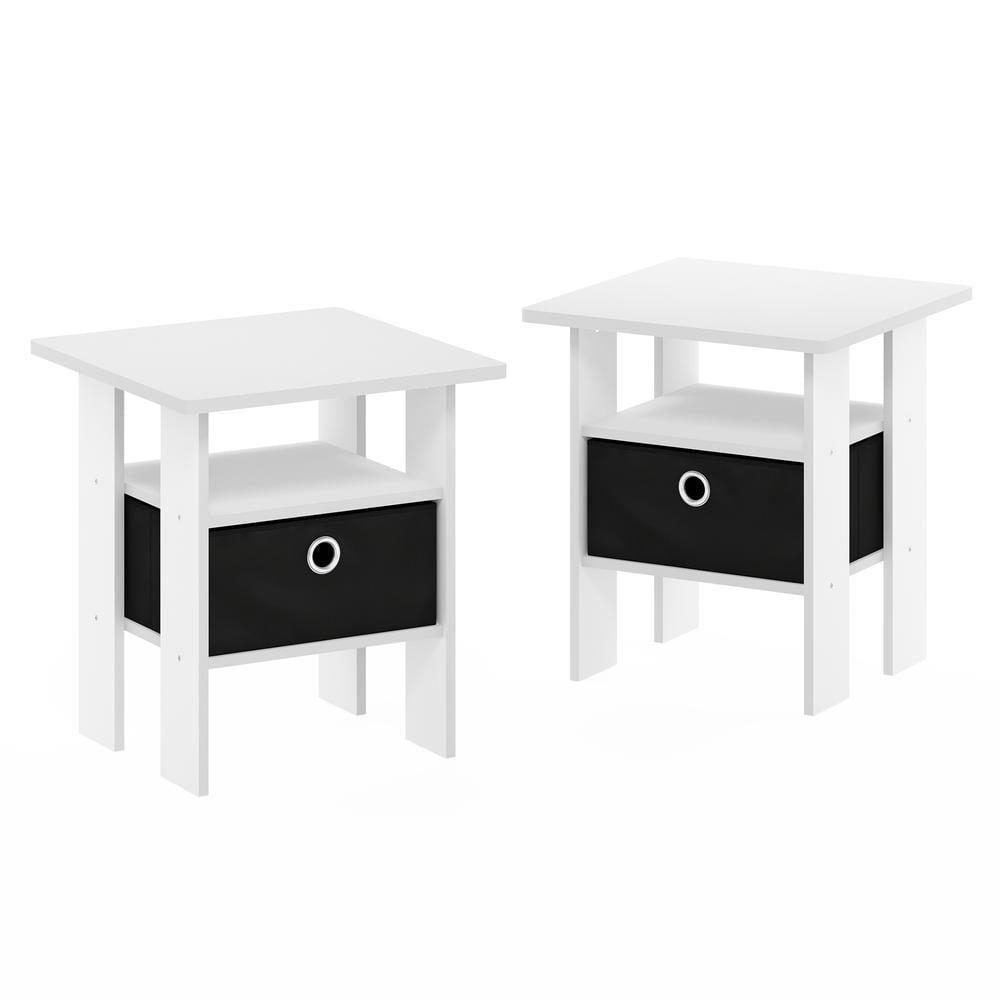 Furinno Andrey End Table Nightstand with Bin Drawer, White/Black, Set of 2