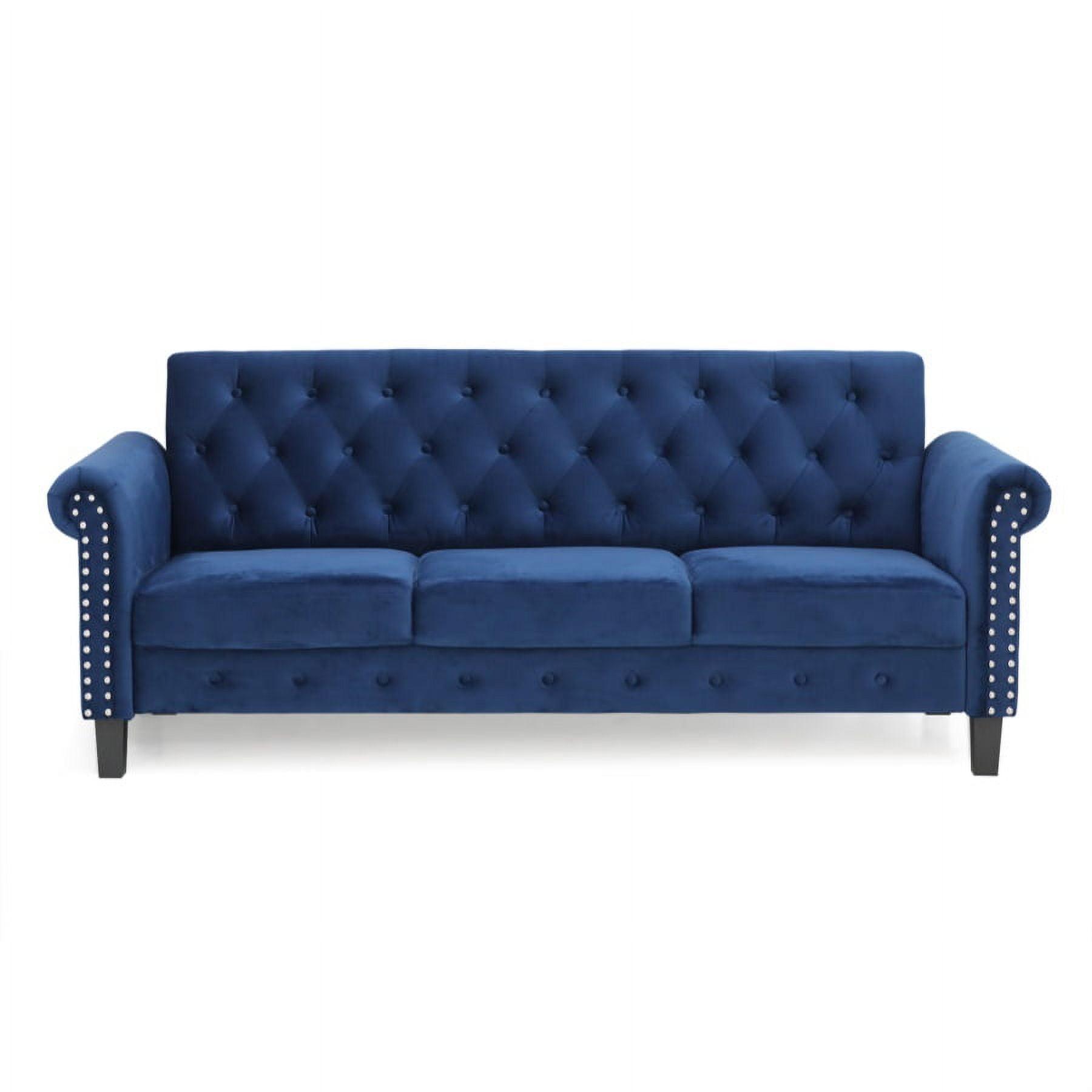 Navy Velvet Tufted Chesterfield 3-Seater Sofa with Nailhead Trim