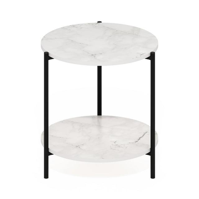 Furinno Besi 2-Tier Modern Round Side End Table with Sturdy Metal Legs, Marble White
