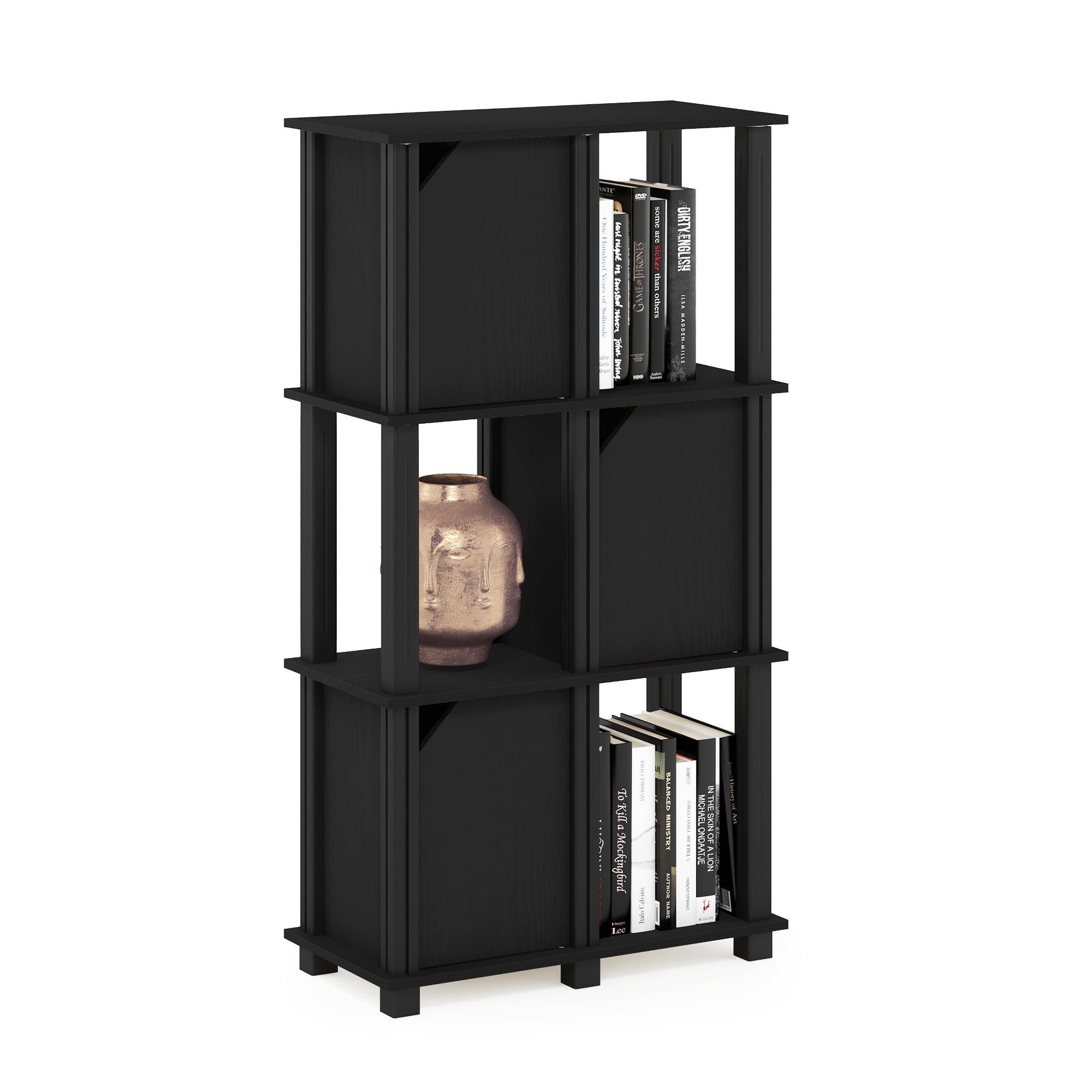 Modern Black Oak Composite Wood 4-Tier Storage Shelf with Doors