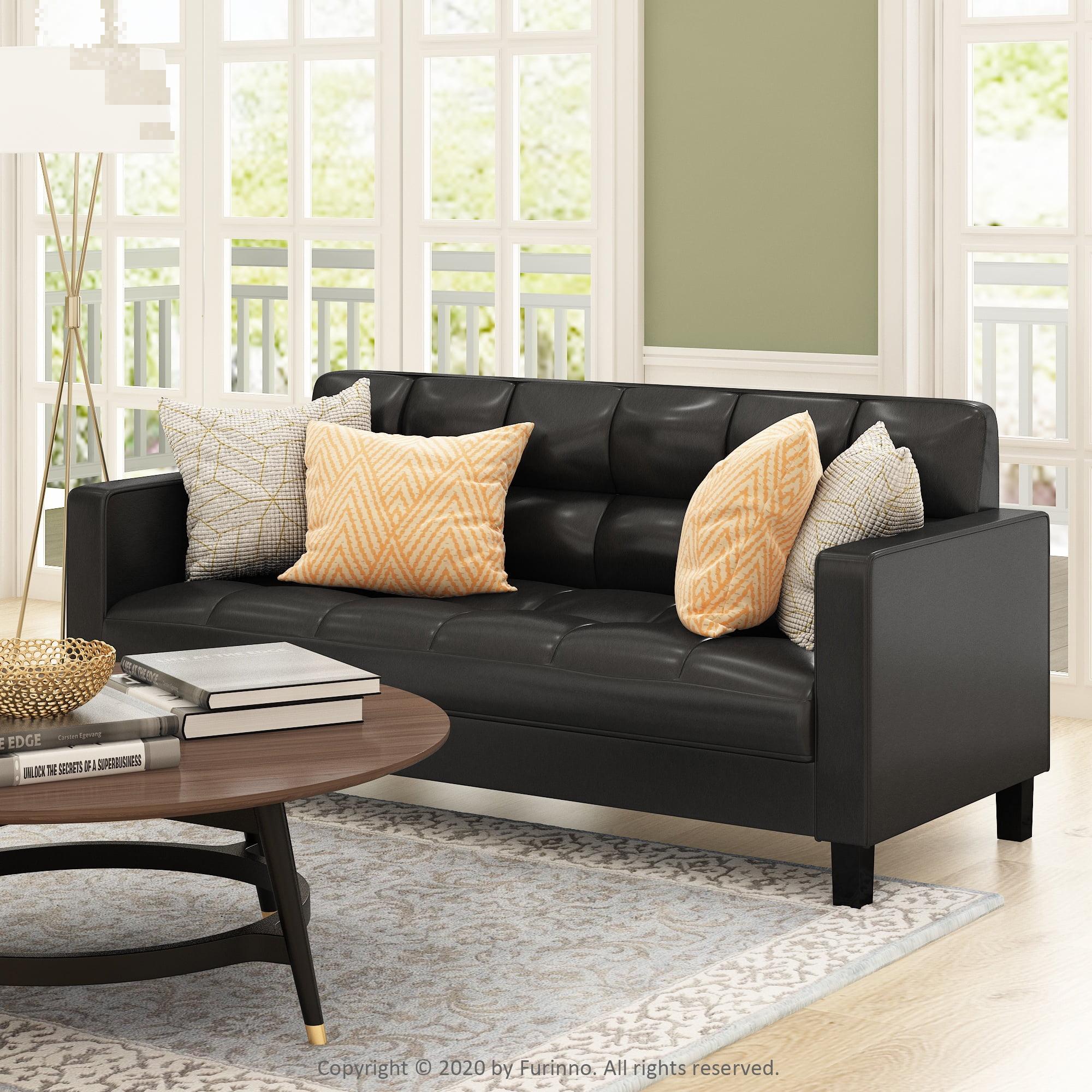 Furinno Brive Contemporary Tufted 3-Seater Sofa, Black Faux Leather