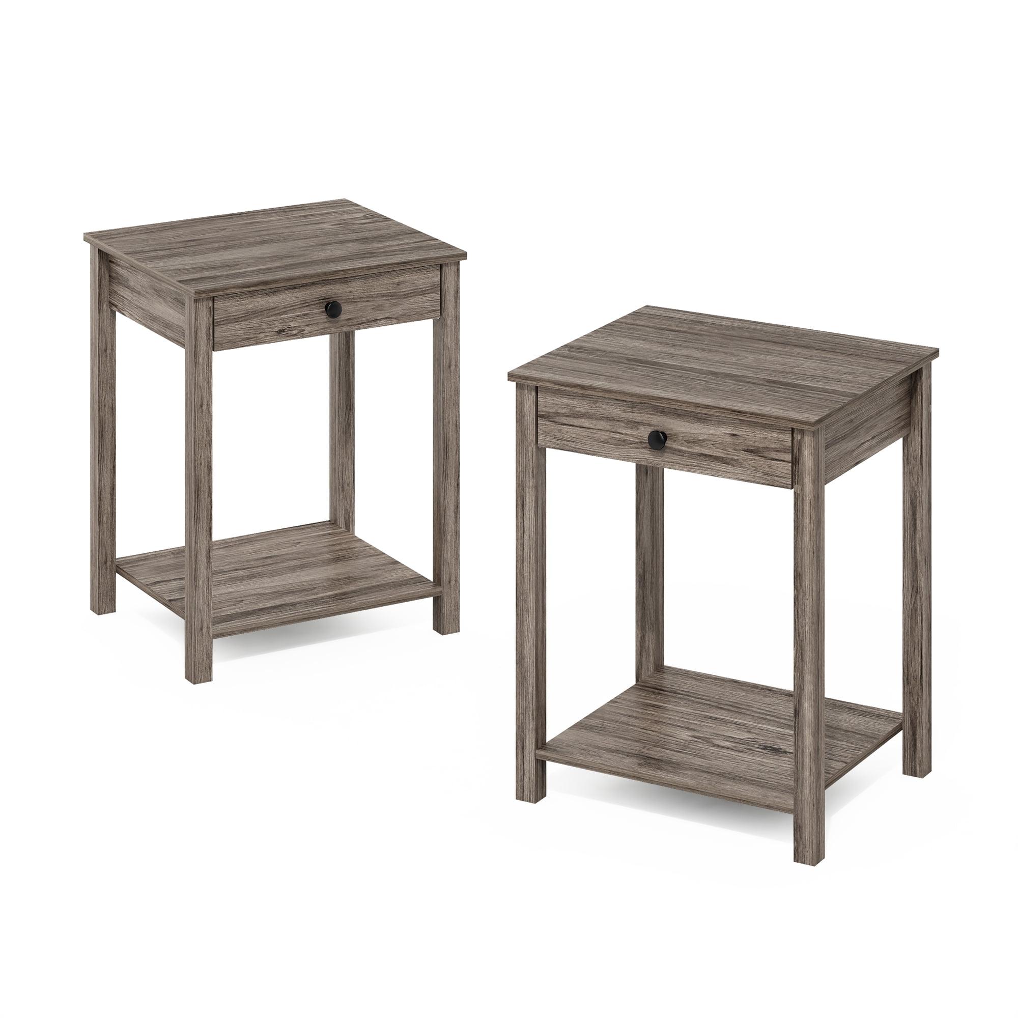 Rustic Oak Rectangular Wood End Table with Storage, Set of 2