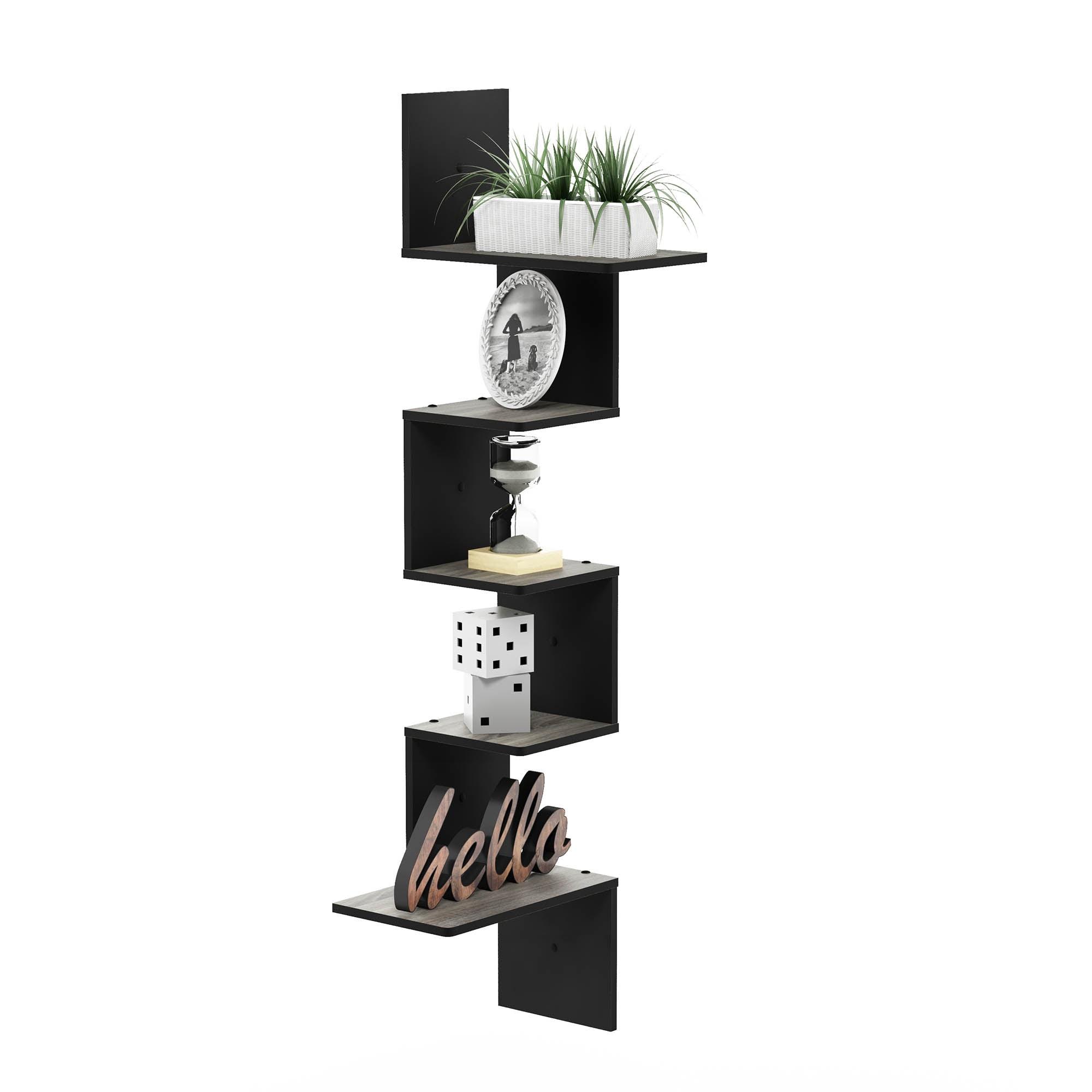 French Oak Grey and Black 5-Tier Floating Wall Shelf