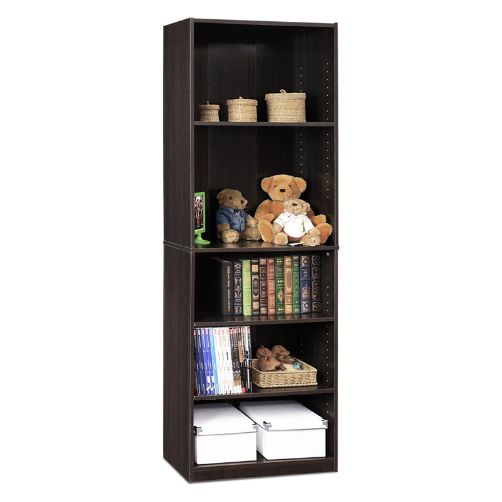 Espresso Adjustable 5-Shelf Wooden Bookcase with Storage Cubes