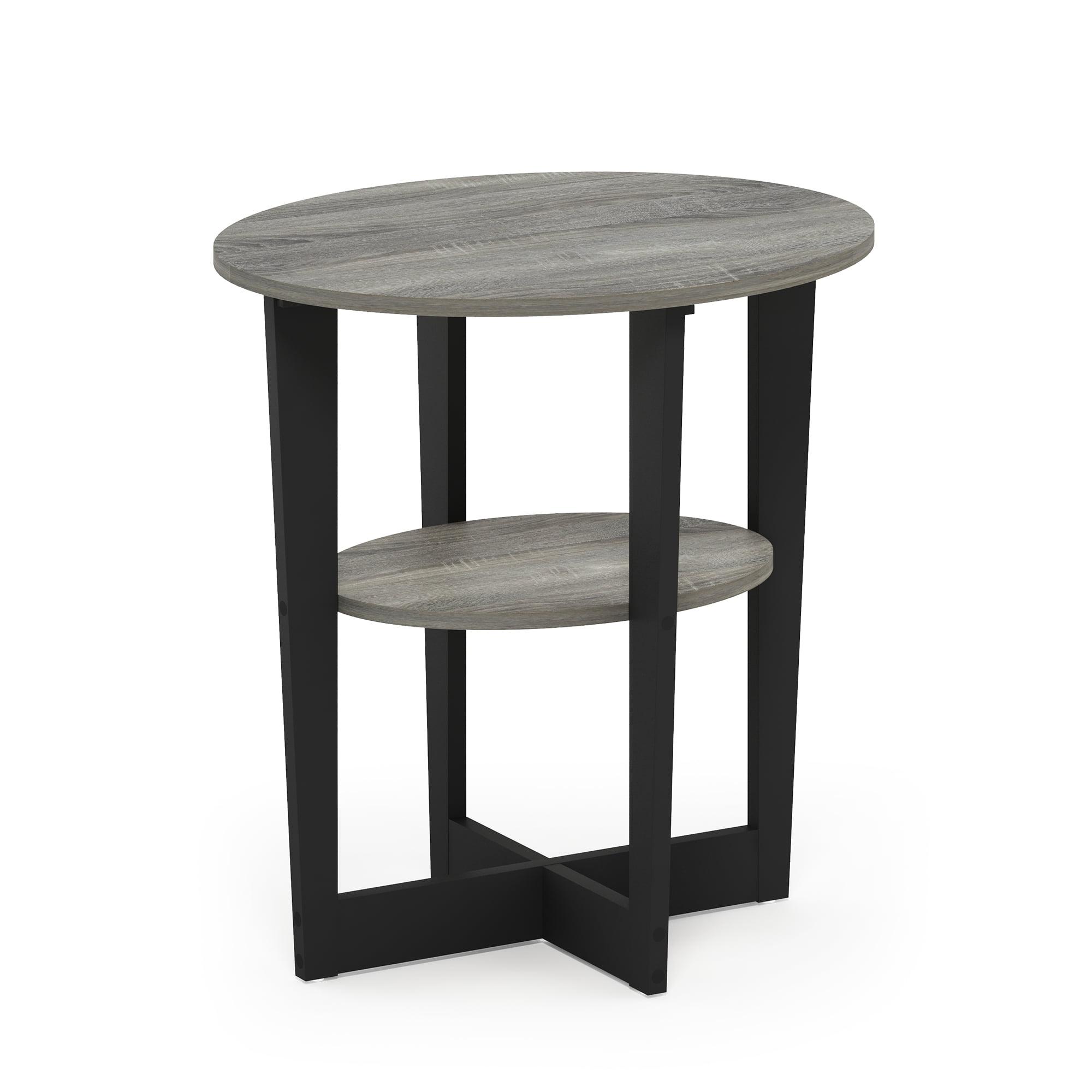 French Oak and Black Round End Table with Shelf