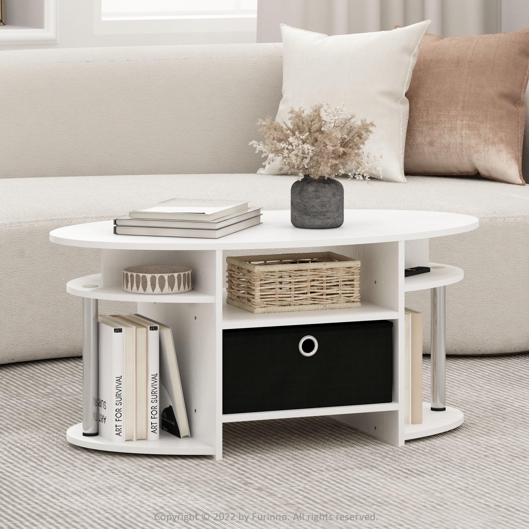 Furinno JAYA Simple Design Oval Coffee Table with Bin, White Oak, Stainless Steel Tubes