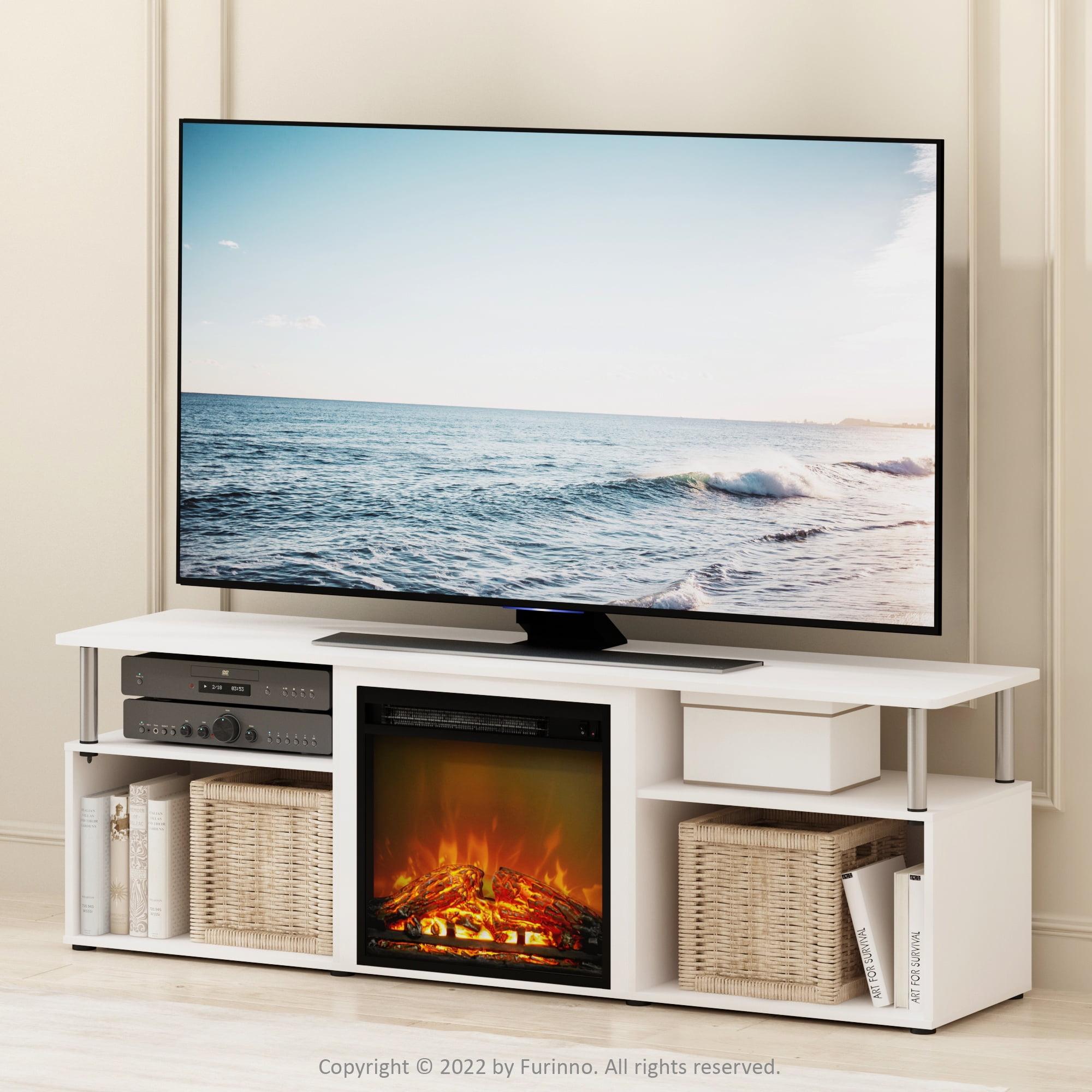 Furinno Jensen Fireplace Entertainment Center for TV up to 70 Inch with Stainless Steel Tubes, White Oak/Chrome