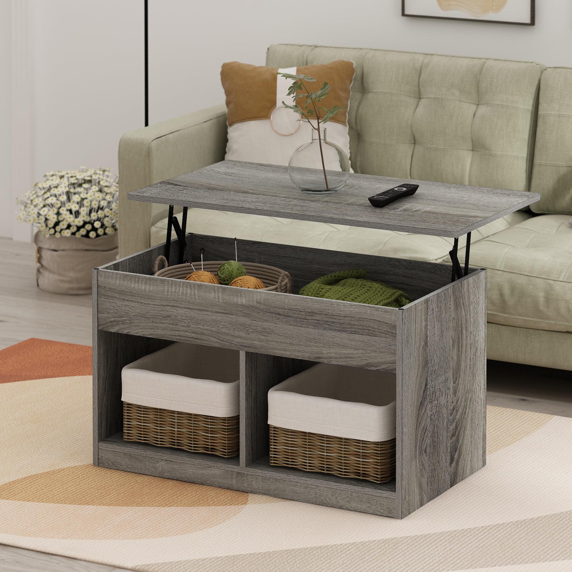French Oak Grey Rectangular Lift-Top Coffee Table with Storage