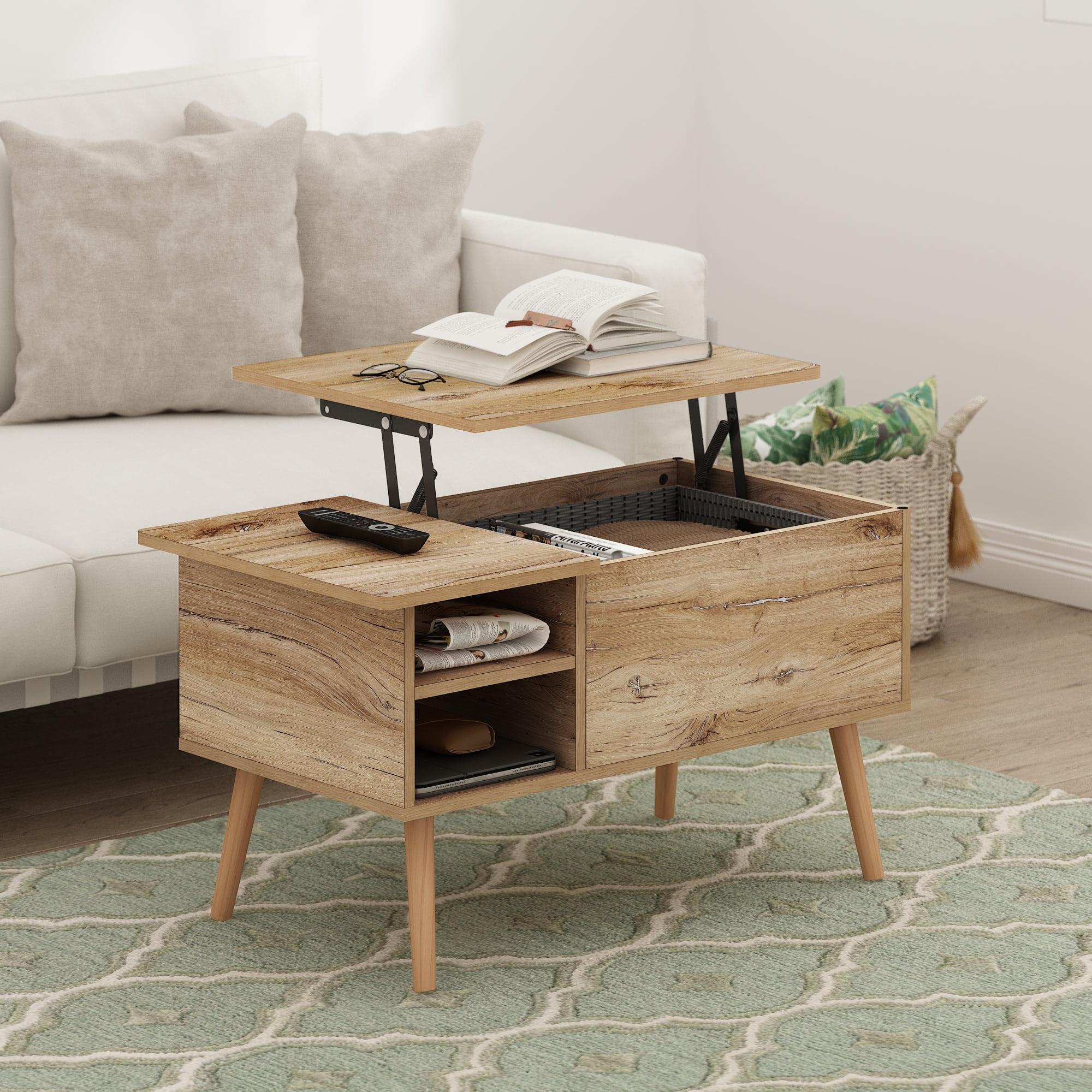 Furinno 35.2" Lift Top Coffee Table Multifunctional Accent Table w/Hidden Compartment and Side Open Storage Shelf Living Room Furniture,Flagstaff Oak