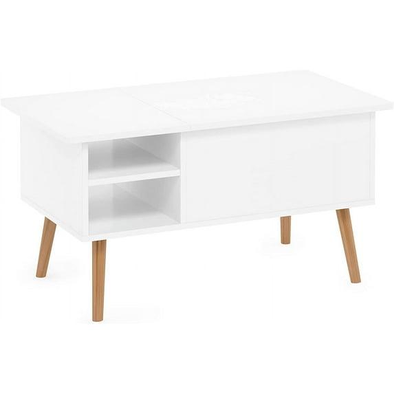 Furinno Jensen Wooden Leg Lift Top Coffee Table With Hidden Compartment and Side Open Storage Shelf for Living Room, Solid White