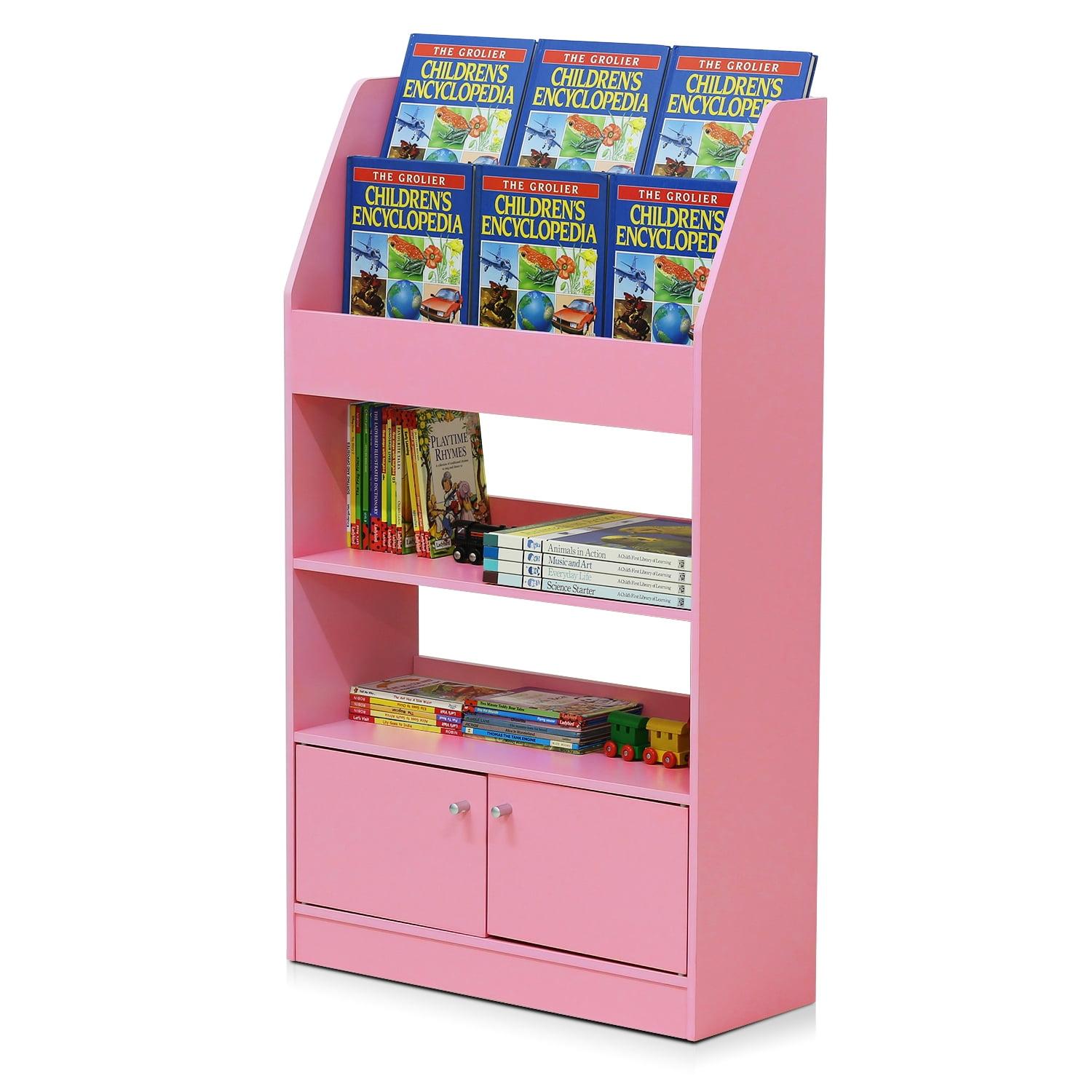 Contemporary Laminated Pink Wood Bookshelf for Kids with 4 Tiers and Cabinet