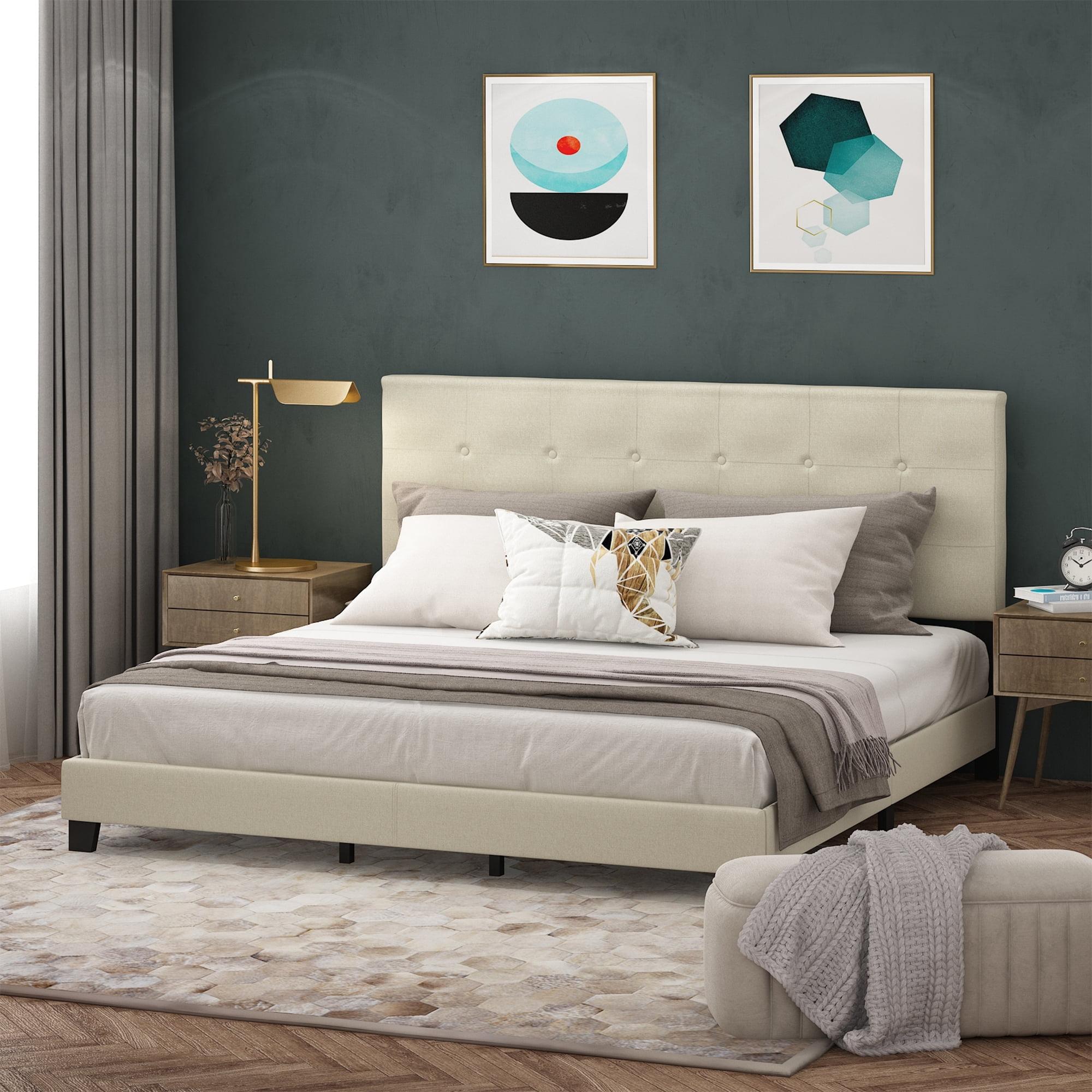 Luxurious Linen King-Sized Platform Bed with Tufted Headboard