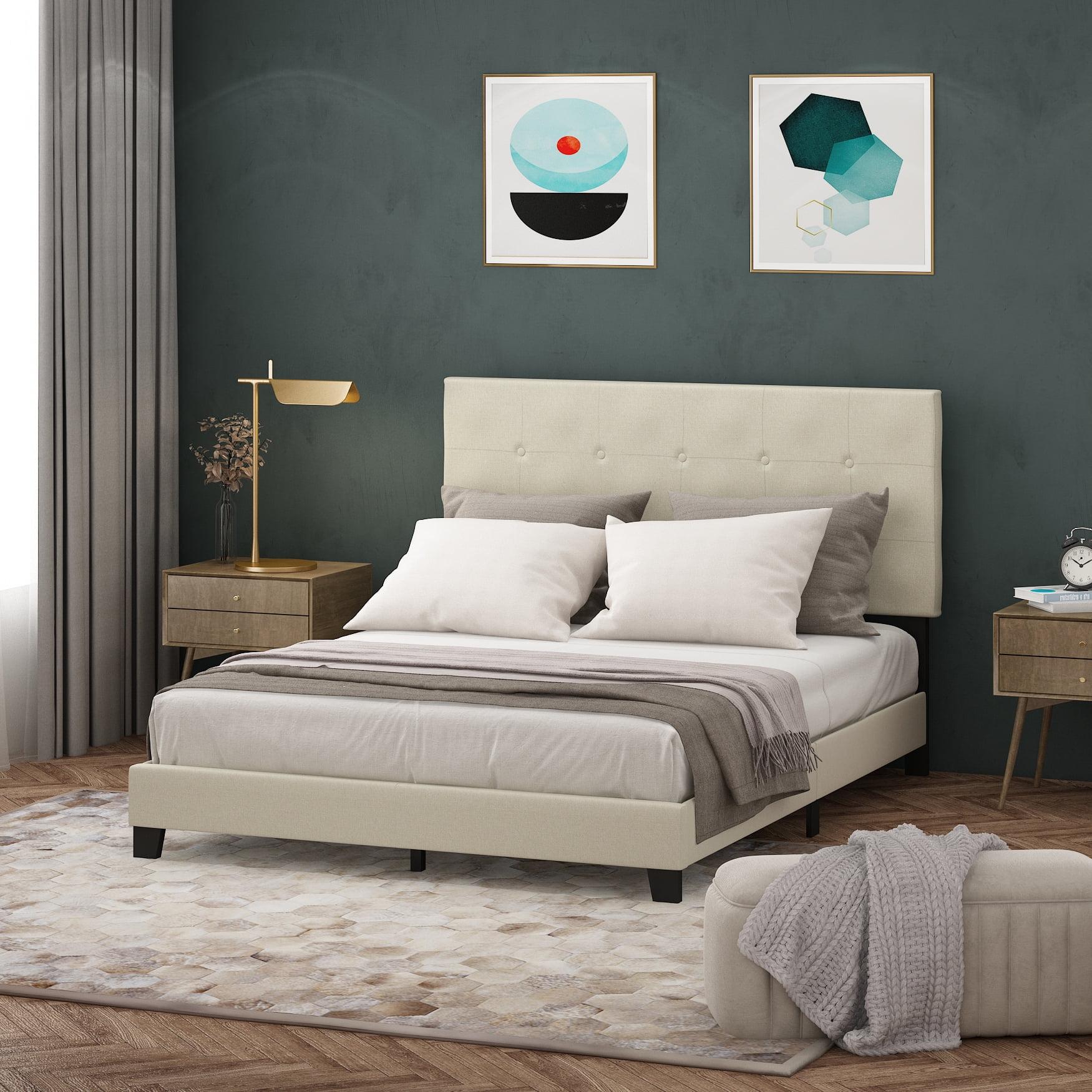 Linen Upholstered Queen Platform Bed with Tufted Headboard