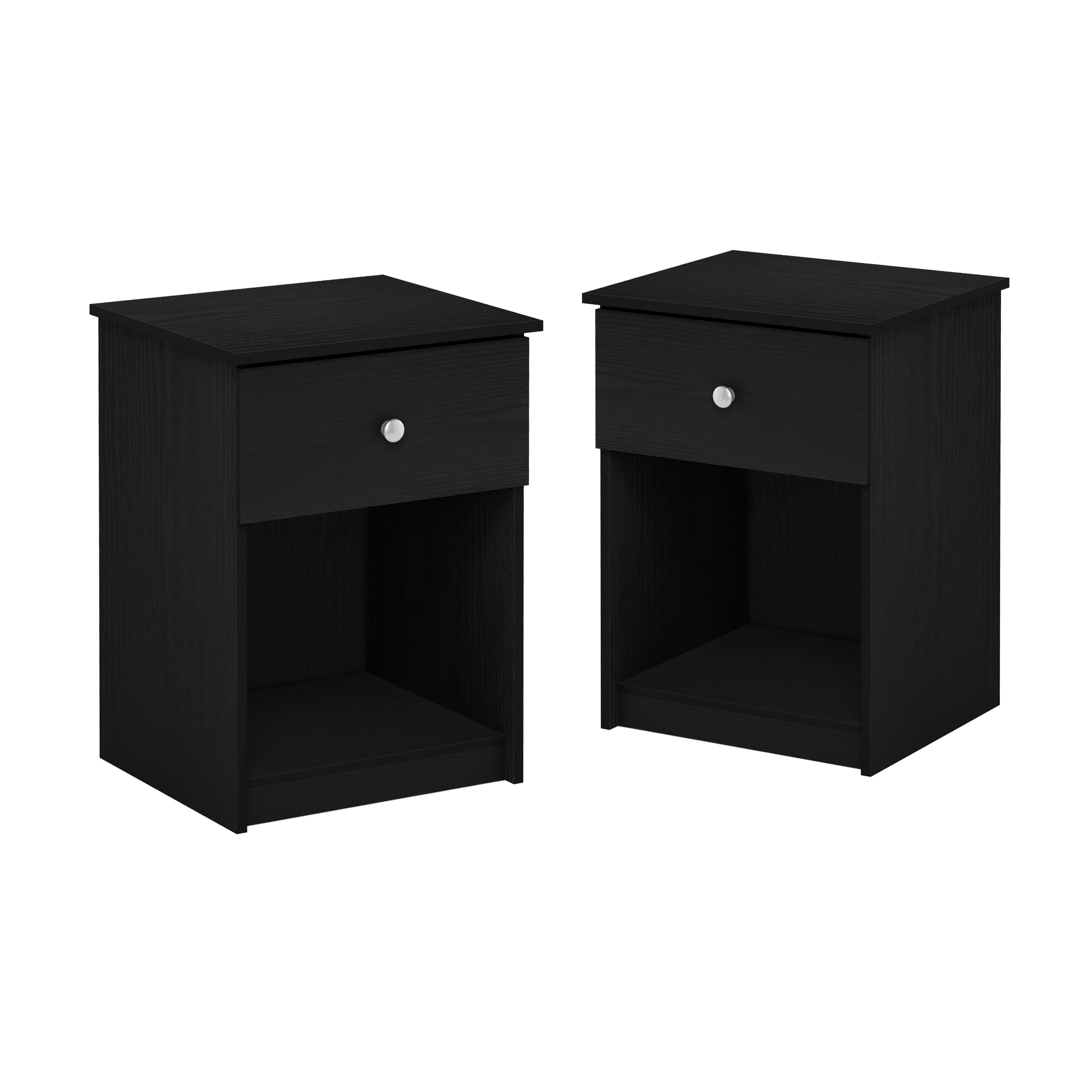 Black Oak 1-Drawer Nightstand Set with Silver Knobs