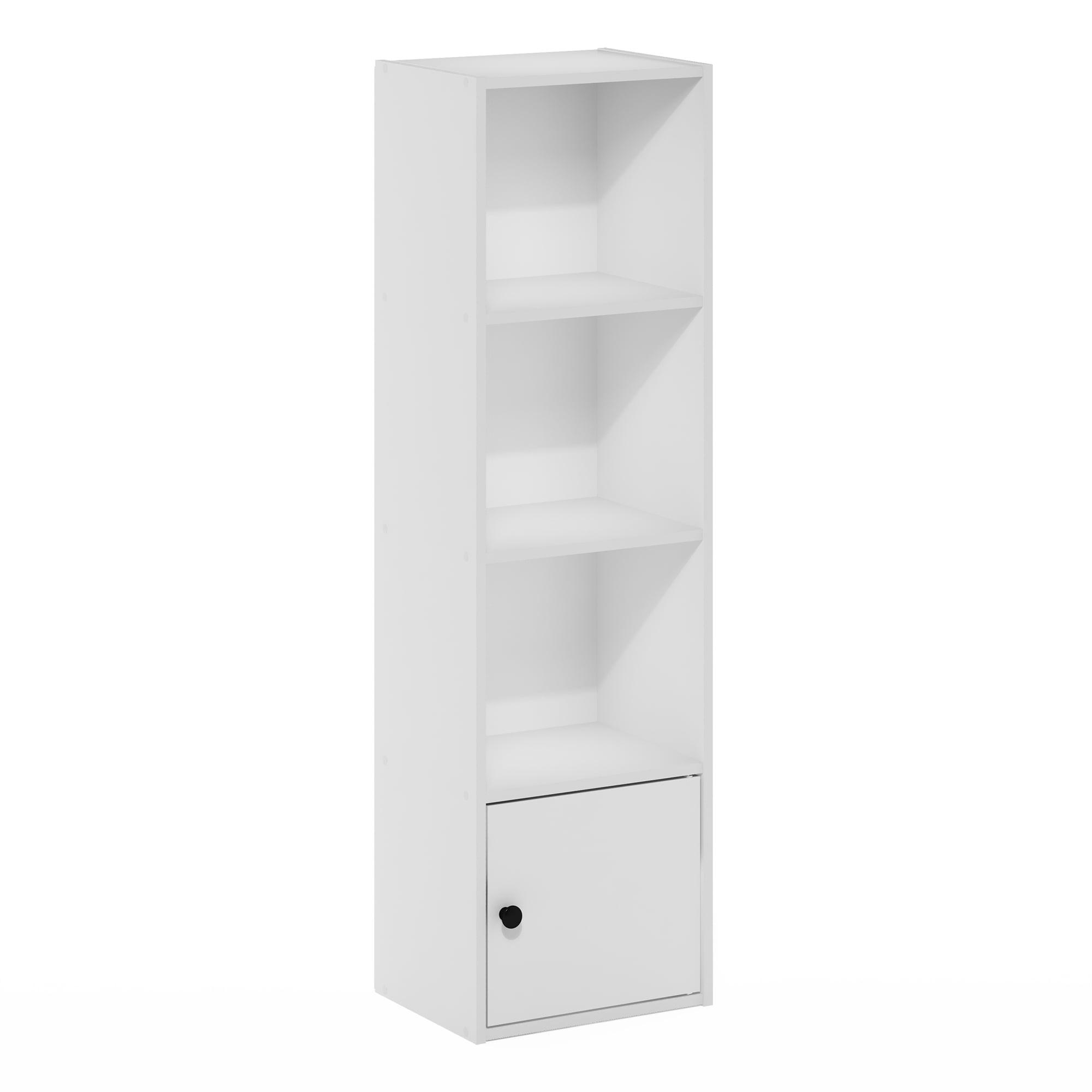 White Composite Wood 4-Tier Bookcase with Door Storage