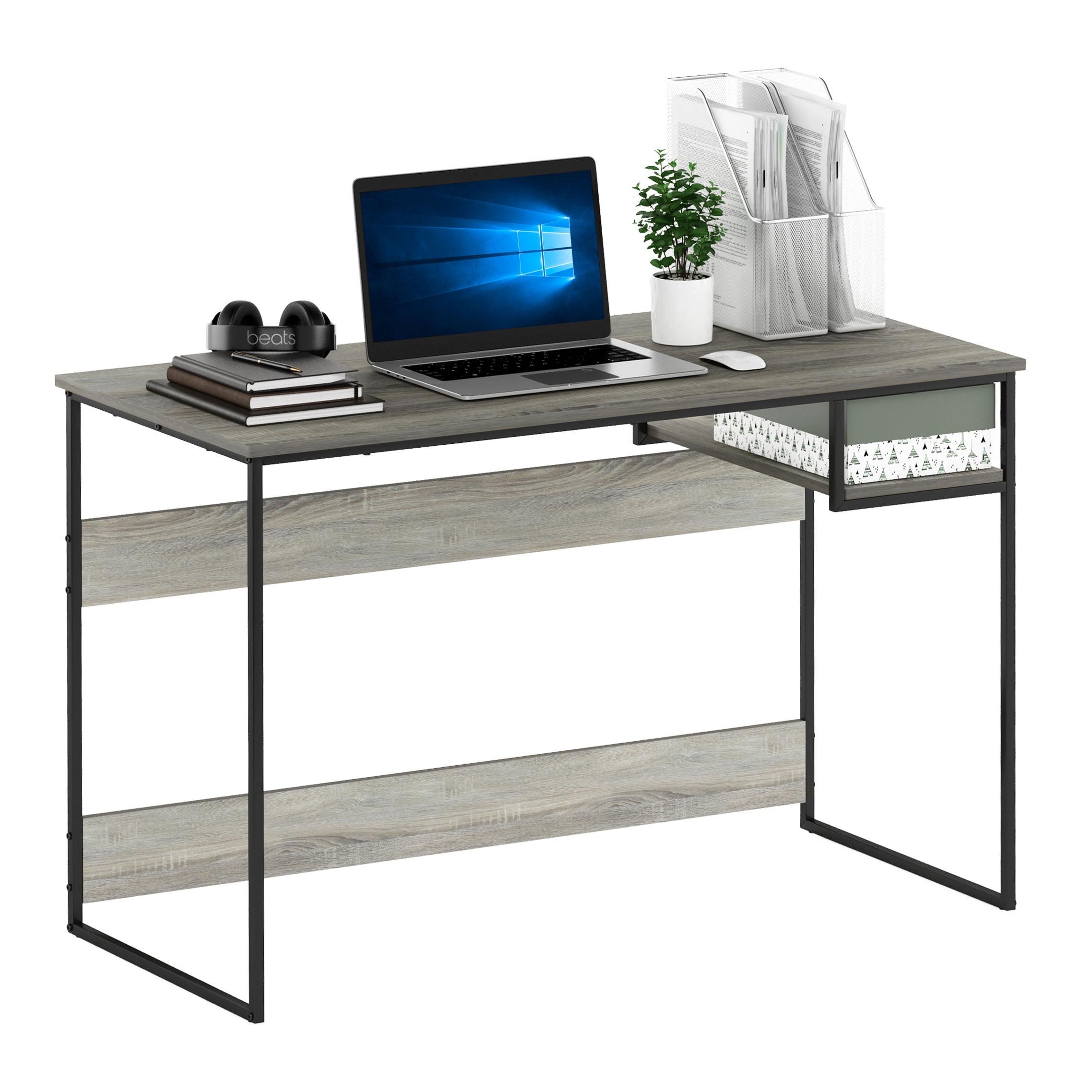 Modern French Oak Grey Study Desk with Metal Frame and Shelf