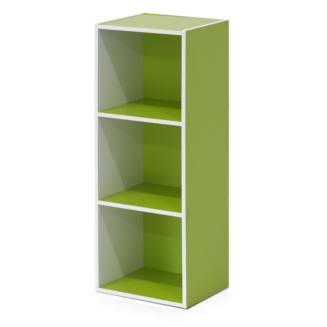 Sleek White 3-Tier Open Shelf Bookcase with Green Accents