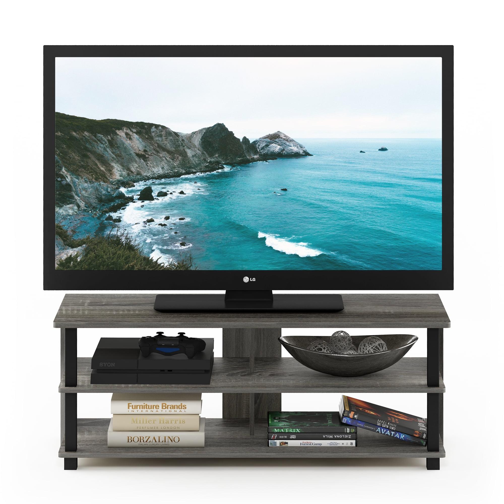 French Oak Grey and Black 3-Tier TV Stand with Shelves