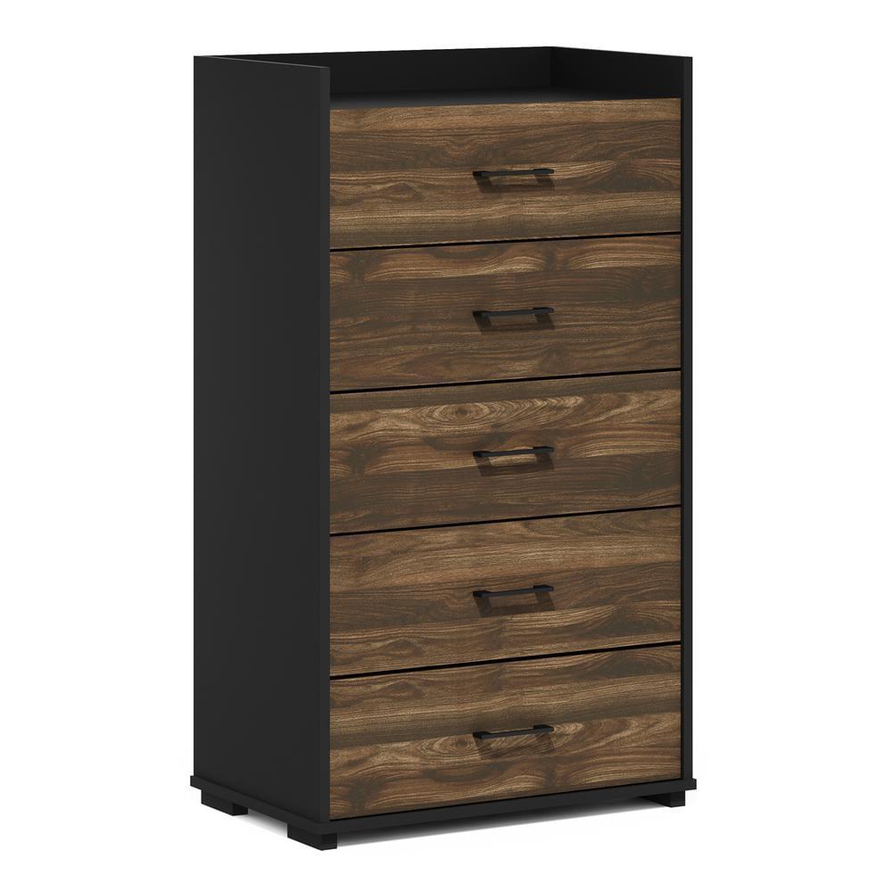 Furinno Tidur Modern Organization and Storage Handle Bedroom 5-Drawer Chest Dresser, Columbia Walnut/Black