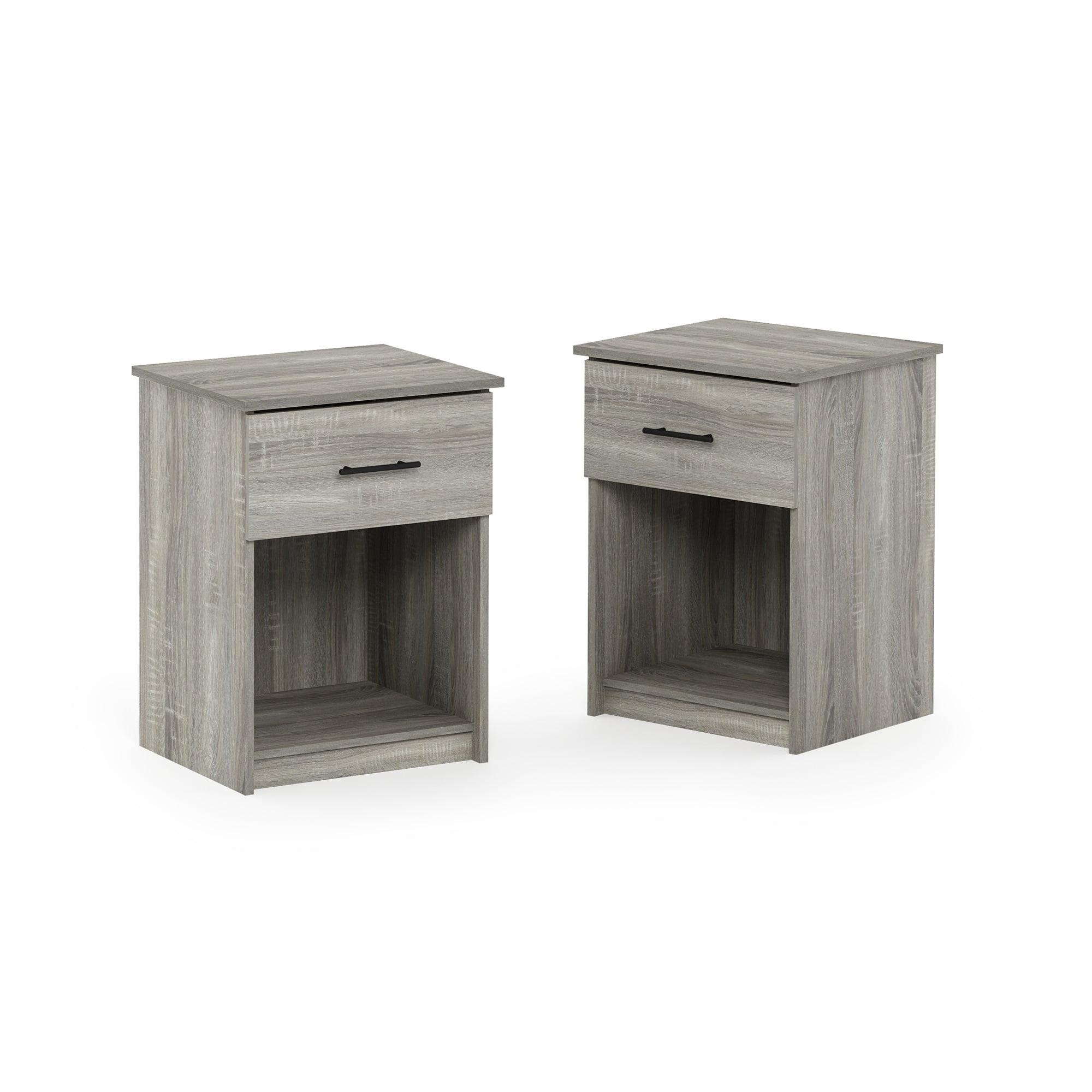 Furinno 2PCS Mid-Century Nightstand Multipurpose End Table Accent Side Table W/Drawer & Open Storage Cube for Bedroom,Living Room,French Oak Grey