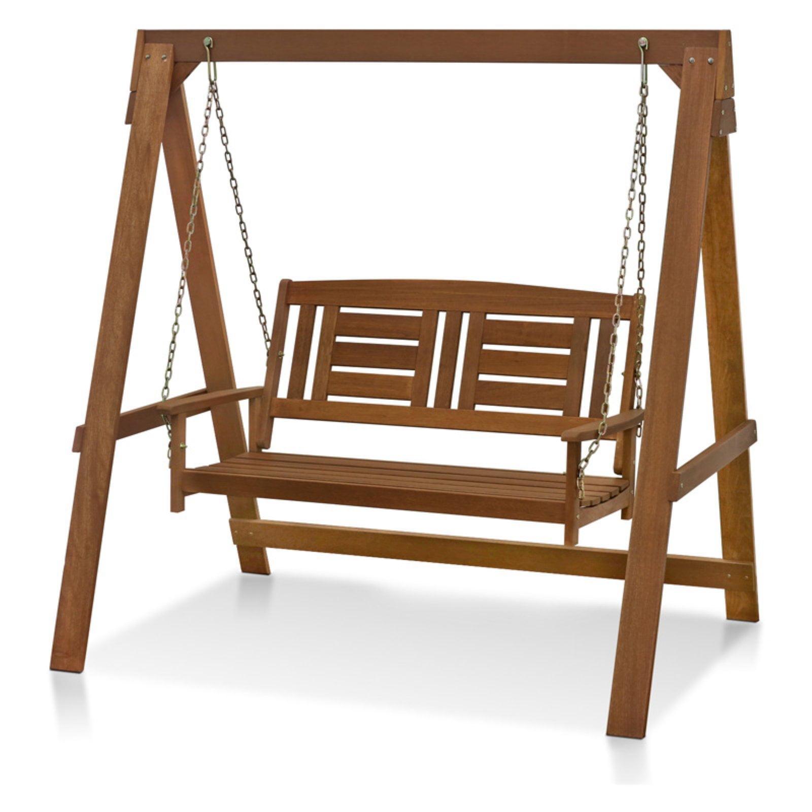 Tioman Natural Teak Oil 2-Seat Hardwood Porch Swing with Stand