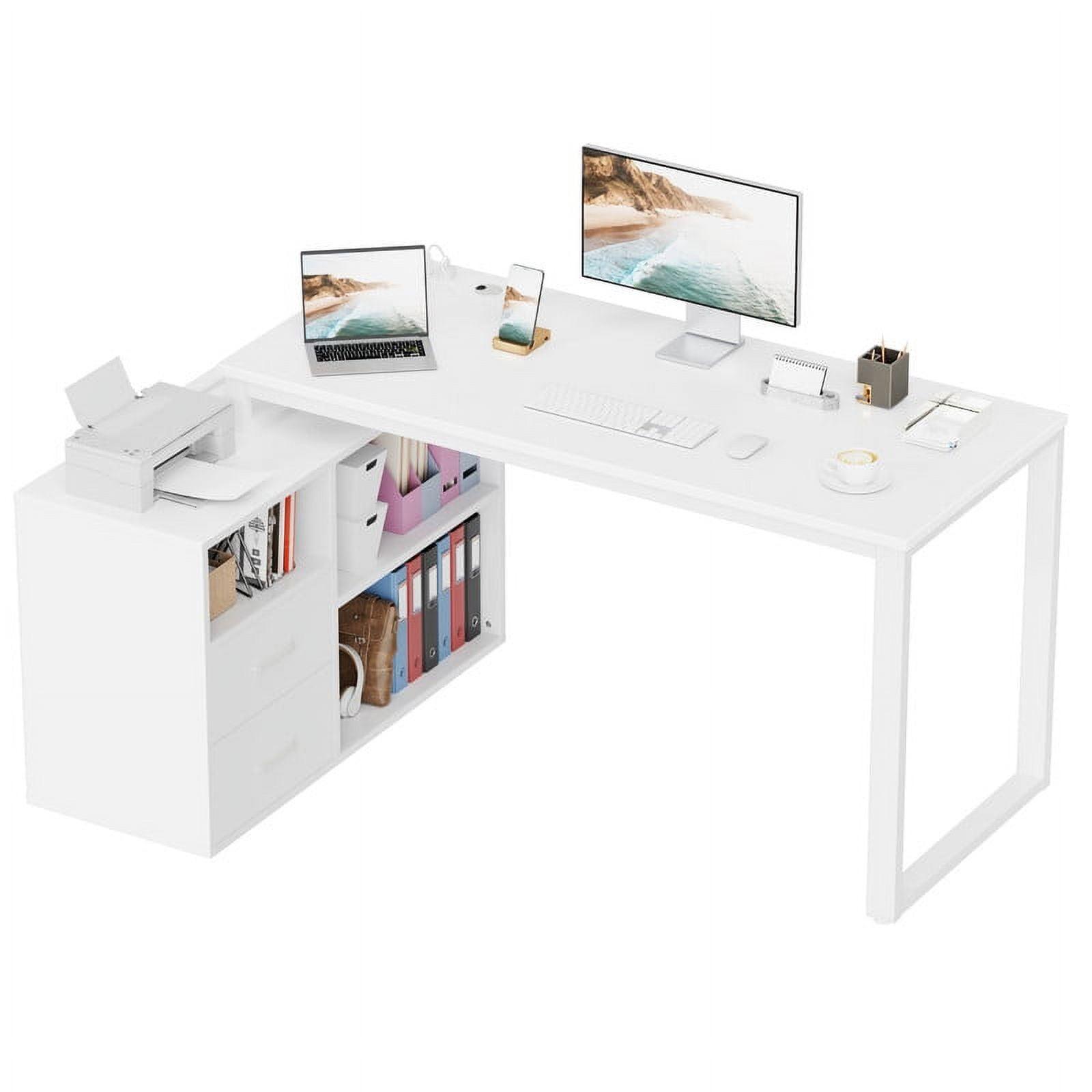 Furmax 55" L-Shaped Corner Computer Desk with File Cabinet, Power Outlet, Home Office Desk with 2 Drawers and 3 Storage Shelve, Workstation Executive Desk with Storage Shelf for Home Office, White