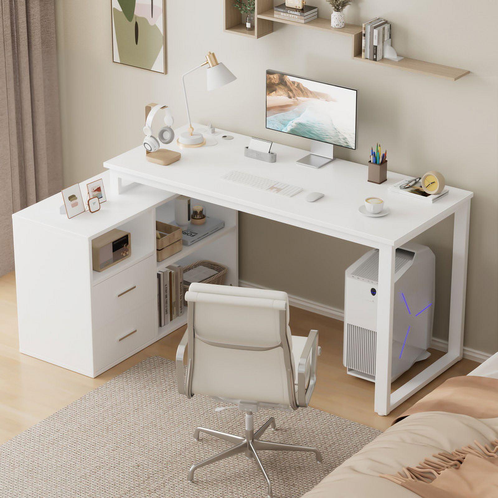 Furmax 55" L-Shaped Corner Computer Desk with File Cabinet, Power Outlet, Home Office Desk with 2 Drawers and 3 Storage Shelve, Workstation Executive Desk with Storage Shelf for Home Office, White