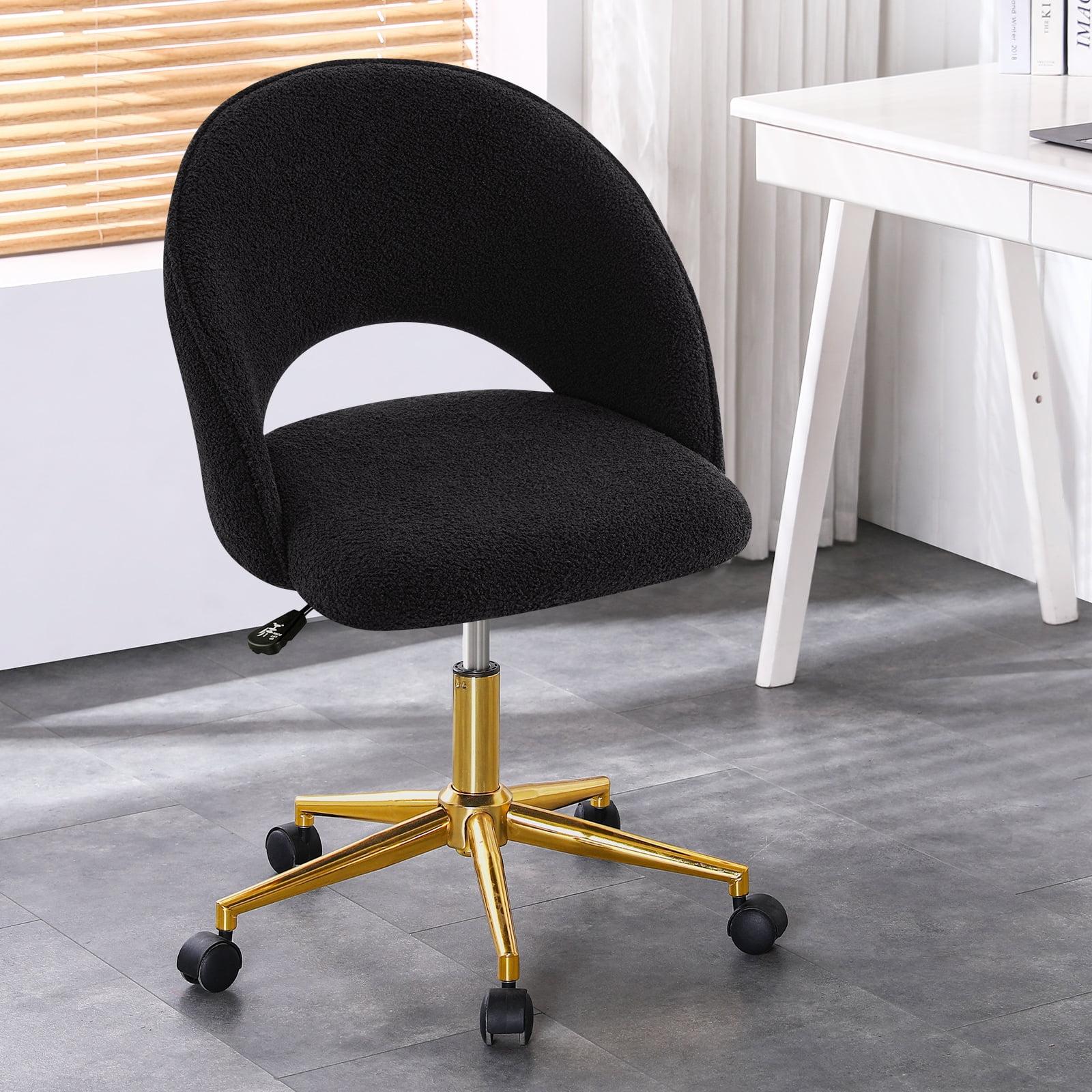 Black Sherpa Upholstered Swivel Task Chair with Gold Metal Base