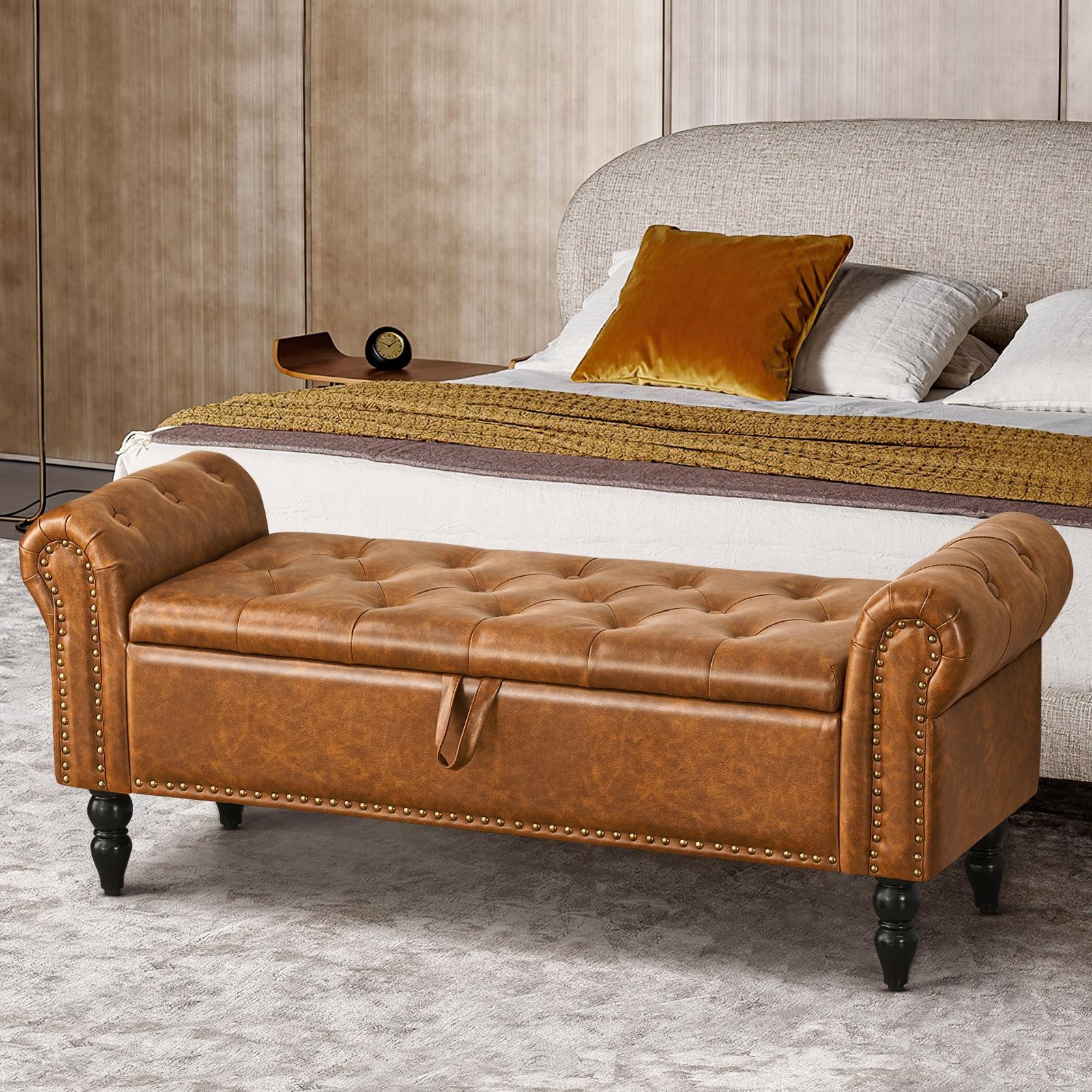 Furniliving Storage Ottoman Bench with Arms Button Tufted End of Bed Bench Large Storage Bench for Bedroom, Entryway, YellowBrown