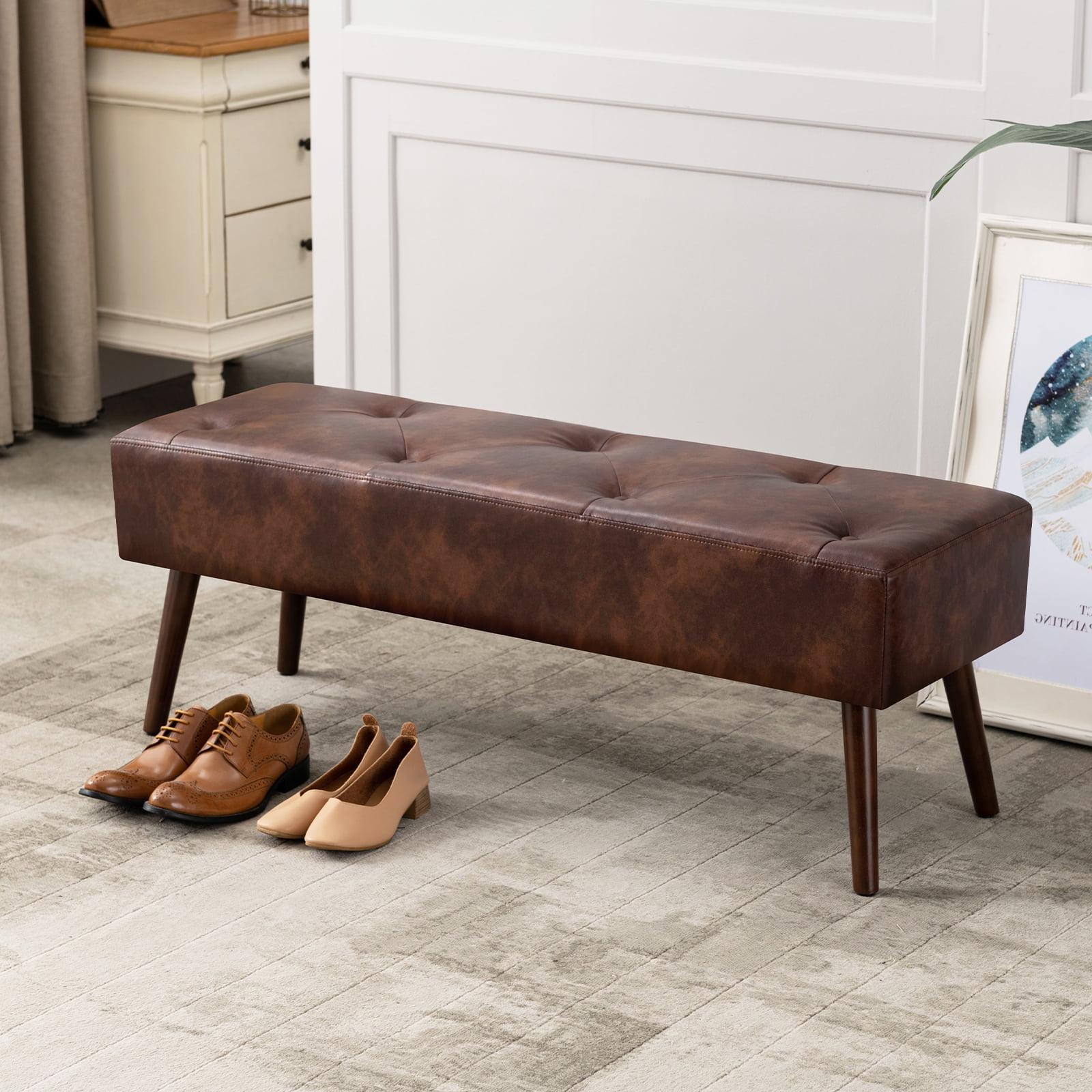 Dark Brown Faux Leather Tufted Bench with Metal Legs