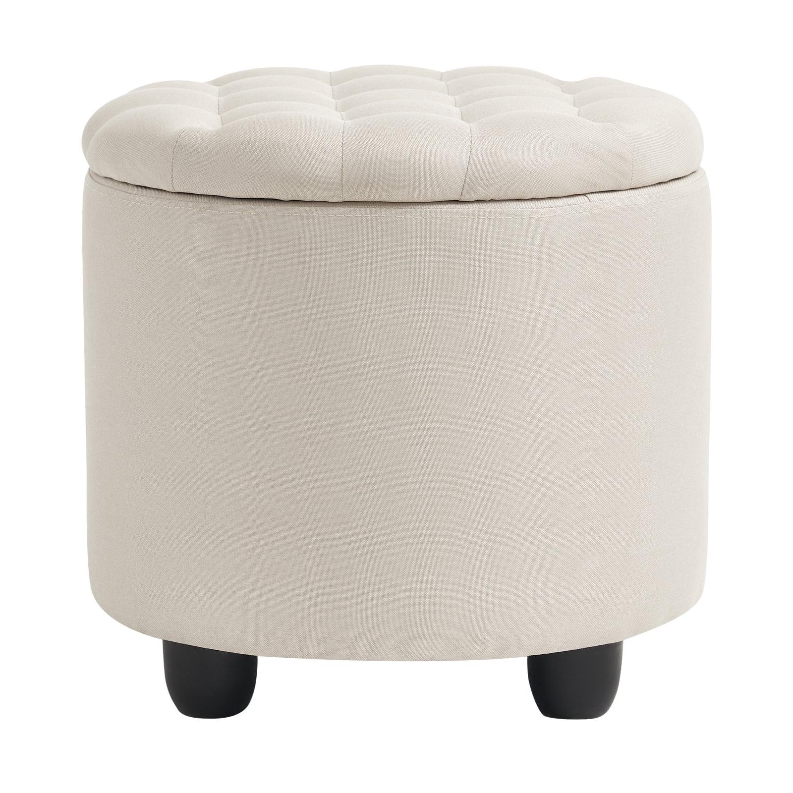 Beige Linen Tufted Round Storage Ottoman with Removable Lid