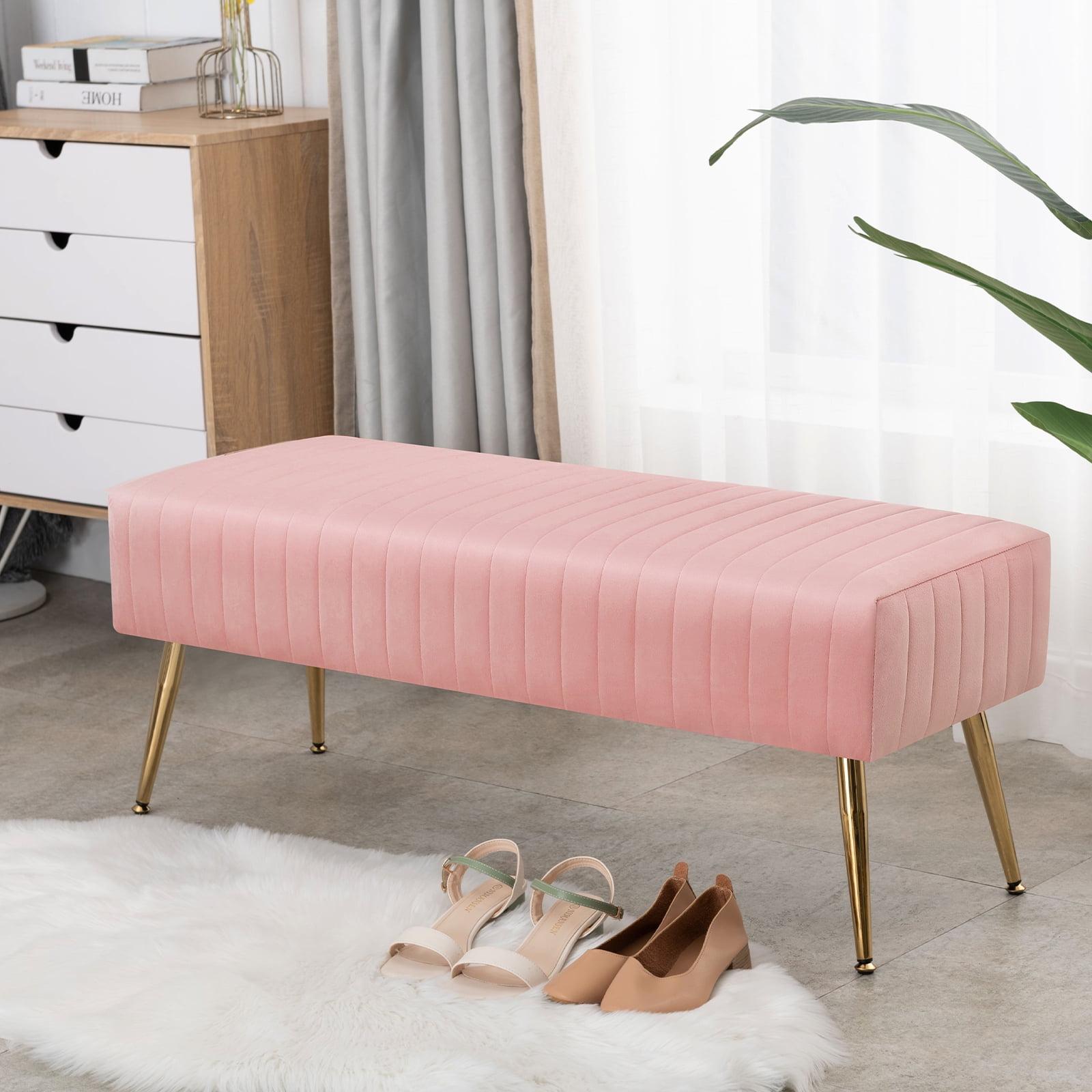 Furniliving Velvet Ottoman Bench  Modern Upholstered Bench  Indoor Entryway  Bench,  Pink
